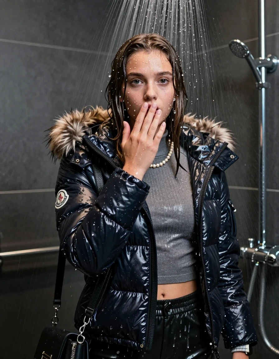 photo of young woman, in soaking wet, drenched clothes,
, , Moncler shiny puffer down jacket with fur, Open jacket, tight knit turtleneck sweater belly free, shoulderbag, pearl necklace, bracelet, wristwatch, Modern mirrored shower, 
enjoying, wet clothes stuck to body,
detailed textures of the wet clothes, wet face, wet plastered hair,
wet, drenched, professional, high-quality details, full body view.
sharp focus, ultra-high pixel detail, realistic, high-quality, full colors, incredibly detailed, 4k, 8k, 16k, hyper-realistic, RAW photo, masterpiece, ultra-detailed, professionally color graded, professional photograph, A high-quality vertical fashion photograph of a teenage girl standing directly under a heavy, powerful stream of water in a modern shower. She has Sleek  straight shoulder-length, completely saturated and dripping wet hair, with water cascading down her face and neck, creating an afraid and astonished expression. She hold a hand on her mouth. The lighting is bright and cinematic, highlighting the glistening water droplets on her skin and the saturated texture of her  casual clothes. The composition is a clear, frontal portrait, capturing the refreshing and powerful sensation of the water flow. The girl is positioned centrally, facing the camera at a mild three-quarter angle, with her face clearly visible. The depicted girl has shoulder-length hair. Show her face clearly toward the camera at a mild three-quarter angle, large enough for a natural portrait face reference.
her clothing is soaking wet and clinging tightly to her skin, showing heavy wet folds, darkened fabric texture, and deep water-saturated Patches, her clothes are heavy from the water, water runs from her body and her clothes in streams. A lot of water also runs out of her clothes. Her clothes are darkened by the water. 
hyper-realistic wetness, high-contrast water sheen, sharp focus, 16k resolution, professional photography, realistic water physics., wet skin, wet clothes, damp fabric, wet skin, wet clothes, damp fabric, wet skin, wet clothes, damp fabric, wet skin, wet clothes, damp fabric