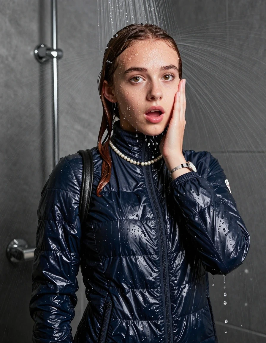 photo of young woman, in soaking wet, drenched clothes,
, , Moncler shiny puffer down jacket, tight knit turtleneck sweater belly free, shoulderbag, pearl necklace, bracelet, wristwatch, shower, 
enjoying, wet clothes stuck to body,
detailed textures of the wet clothes, wet face, wet plastered hair,
wet, drenched, professional, high-quality details, full body view.
sharp focus, ultra-high pixel detail, realistic, high-quality, full colors, incredibly detailed, 4k, 8k, 16k, hyper-realistic, RAW photo, masterpiece, ultra-detailed, professionally color graded, professional photograph, Pigtails

15 years old  teenage girl

One hand on her face. Looking at camera. horny eyes. afraid and astonished. open mouth, big eyes.

A high-quality vertical fashion photograph of a 15-year-old teenage girl standing directly under a heavy, powerful stream of water in a modern shower. She has Sleek shoulder-length, completely saturated and dripping wet hair, with water cascading down her face and neck, creating an intense and exhilarated expression. The lighting is bright and cinematic, highlighting the glistening water droplets on her skin and the saturated texture of her gym clothes. The composition is a clear, frontal portrait, capturing the refreshing and powerful sensation of the water flow. The girl is positioned centrally, facing the camera at a mild three-quarter angle, with her face clearly visible. The depicted girl has shoulder-length dark auburn hair. Show her face clearly toward the camera at a mild three-quarter angle, large enough for a natural portrait face reference.
her clothing is soaking wet and clinging tightly to her skin, showing heavy wet folds, darkened fabric texture, and deep water-saturated Patches, her clothes are heavy from the water, water runs from her body and her clothes in streams. A lot of water also runs out of her clothes. Her clothes are darkened by the water. 
hyper-realistic wetness, high-contrast water sheen, sharp focus, 16k resolution, professional photography, realistic water physics., wet skin, wet clothes, damp fabric, wet skin, wet clothes, damp fabric