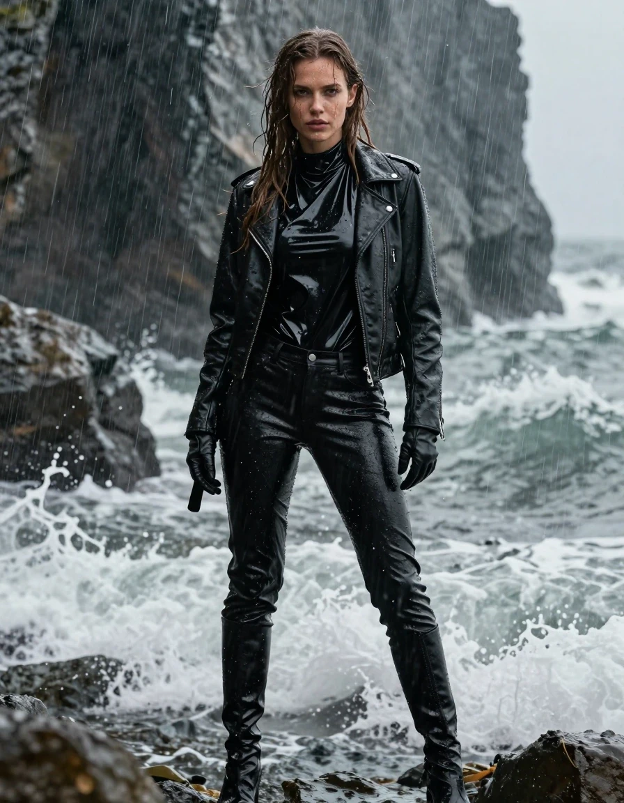A photorealistic full-body shot of a young adult European woman with long, dripping wet brown hair, standing in a rocky ocean cove during a heavy rainstorm. She is wearing an oversize black vinyl polar neck shirt with a high-gloss, reflective wet sheen, layered under a rugged black biker leather jacket, and black leather jeans that are heavily soaked and clinging to her legs. She wears sleek black leather knee-high boots and matching leather gloves on both hands. Her skin is glistening with rainwater, and her clothes are saturated, heavy, and clinging to her body with realistic damp fabric textures and deep, dark tones. Waves are actively splashing against her, creating a dynamic, drenched atmosphere. The lighting is moody and overcast, emphasizing the high-contrast highlights on the wet vinyl, leather, and skin. Sharp focus, 8k resolution, cinematic composition, intense water spray, high-detail textures, no nudity, clean anatomy.