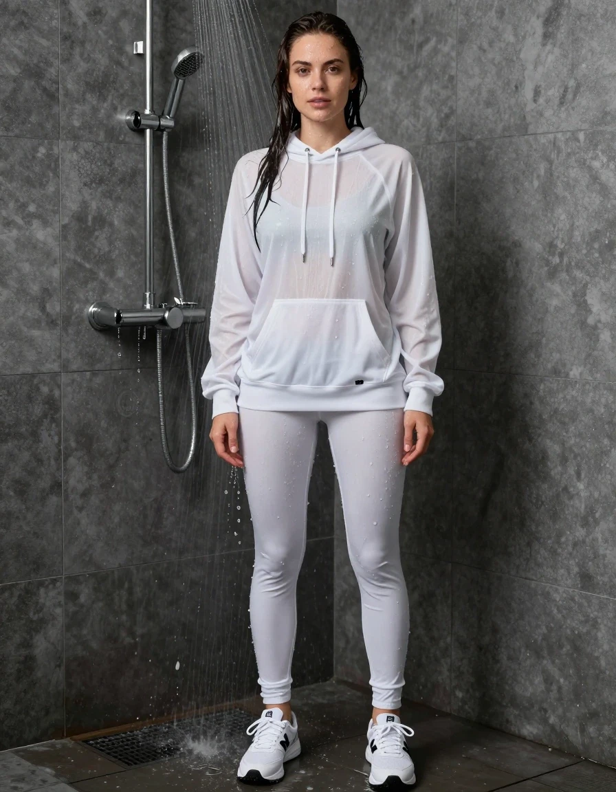 photo of young woman, in soaking wet, drenched clothes,
new balance sneakers white socks, leggins, white hoodie, shower, 
enjoying, wet clothes stuck to body,
detailed textures of the wet clothes, wet face, wet plastered hair,
wet, drenched, professional, high-quality details, full body view.
sharp focus, ultra-high pixel detail, realistic, high-quality, full colors, incredibly detailed, 4k, 8k, 16k, hyper-realistic, RAW photo, masterpiece, ultra-detailed, professionally color graded, professional photograph, standing under shower, wet skin, wet clothes, damp fabric