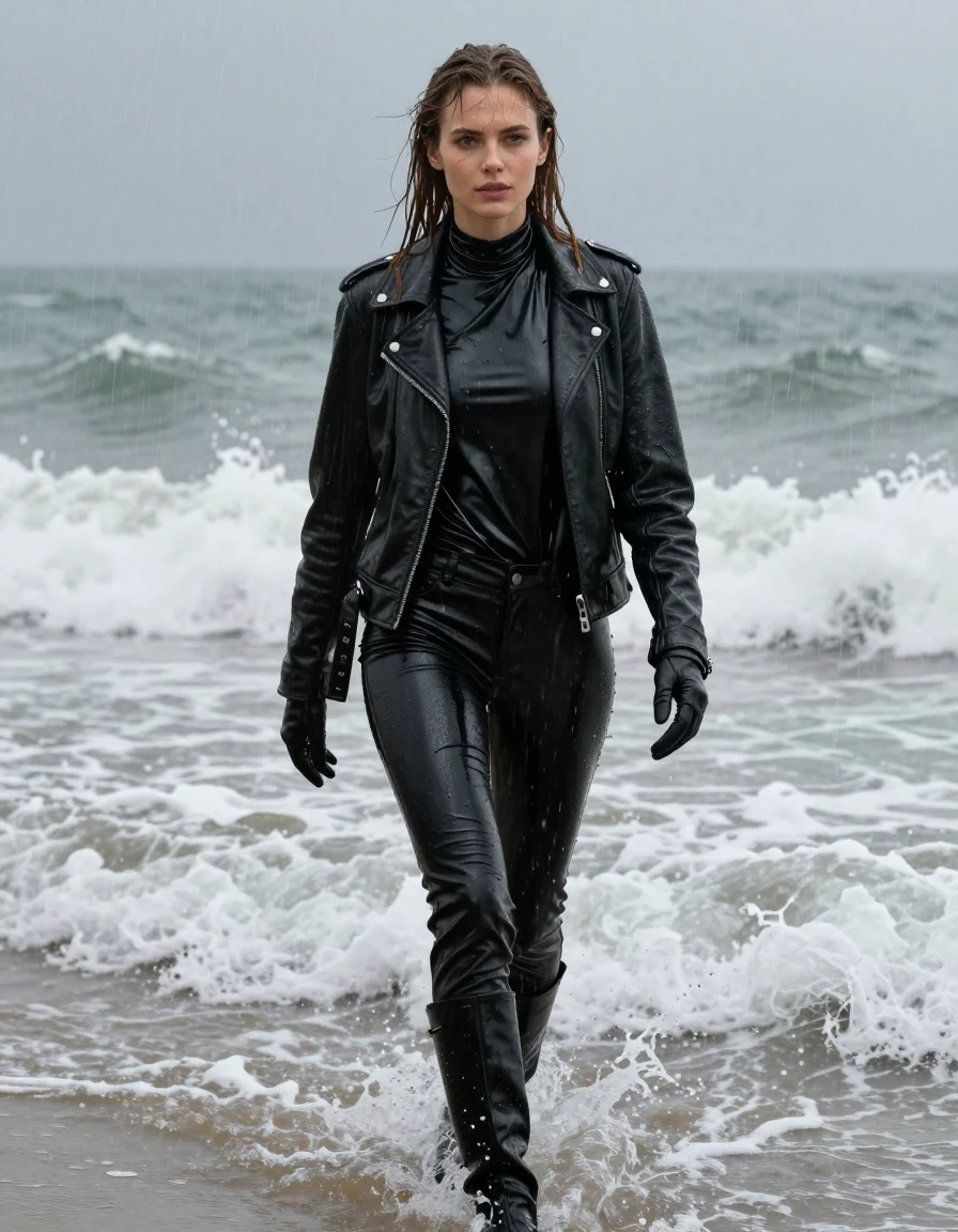 A young adult European woman with long, dripping wet brown hair and glistening wet skin, walking through crashing ocean waves at a beach during a heavy rainstorm. She is wearing an oversized black vinyl turtleneck shirt with a high-gloss, reflective finish, layered under a rugged black biker leather jacket, with black leather gloves on both hands. She wears black leather jeans that are visibly soaked, clinging to her legs with heavy folds and high-sheen specular reflections on the surface. She also wears black leather knee-high boots that are drenched in seawater. The entire scene is captured in a cinematic, photorealistic style, emphasizing the heavy rain, splashing waves, and the intense, water-saturated texture of the wet clothing and skin. The lighting is moody and overcast, highlighting the glossy, wet surfaces of the vinyl, leather, and skin. No nudity, clean anatomy, realistic proportions, high-detail textures, 8k resolution, professional photography.