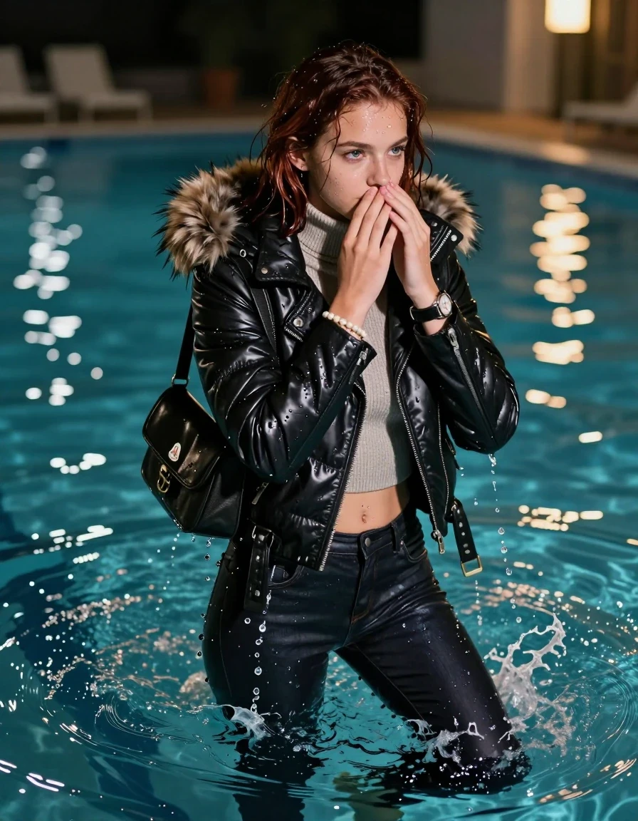 photo of young woman, in soaking wet, drenched clothes,
, , Moncler shiny puffer down jacket with fur, Open jacket, tight knit turtleneck sweater belly free, shoulderbag, pearl necklace, bracelet, wristwatch, pool, 
enjoying, wet clothes stuck to body,
detailed textures of the wet clothes, wet face, wet plastered hair,
wet, drenched, professional, high-quality details, full body view.
sharp focus, ultra-high pixel detail, realistic, high-quality, full colors, incredibly detailed, 4k, 8k, 16k, hyper-realistic, RAW photo, masterpiece, ultra-detailed, professionally color graded, professional photograph, A professional, cinematic, vertical fashion photograph of an teenage girl with shoulder-length dark auburn hair diving into a swimming pool at night. She holds her hands over her mouth and nose. She is wearing a black biker leatherjacket, skinny jeans and boots that is beginning to cling as she hits the water. The scene is captured at the moment of impact with water droplets spraying in the air and the pool lights creating reflections on the surface. The mood is daring and energetic, with a focus on the movement of the fabric and the splash. High-quality, sharp detail, fashion magazine aesthetic.
her clothing is soaking wet and clinging tightly to her skin, showing heavy wet folds, darkened fabric texture, and deep water-saturated Patches, her clothes are heavy from the water, water runs from her body and her clothes in streams. A lot of water also runs out of her clothes. Her clothes are darkened by the water. 
hyper-realistic wetness, high-contrast water sheen, sharp focus, 16k resolution, professional photography, realistic water physics., wet skin, wet clothes, damp fabric, wet skin, wet clothes, damp fabric, wet skin, wet clothes, damp fabric, wet skin, wet clothes, damp fabric, wet skin, wet clothes, damp fabric, wet skin, wet clothes, damp fabric