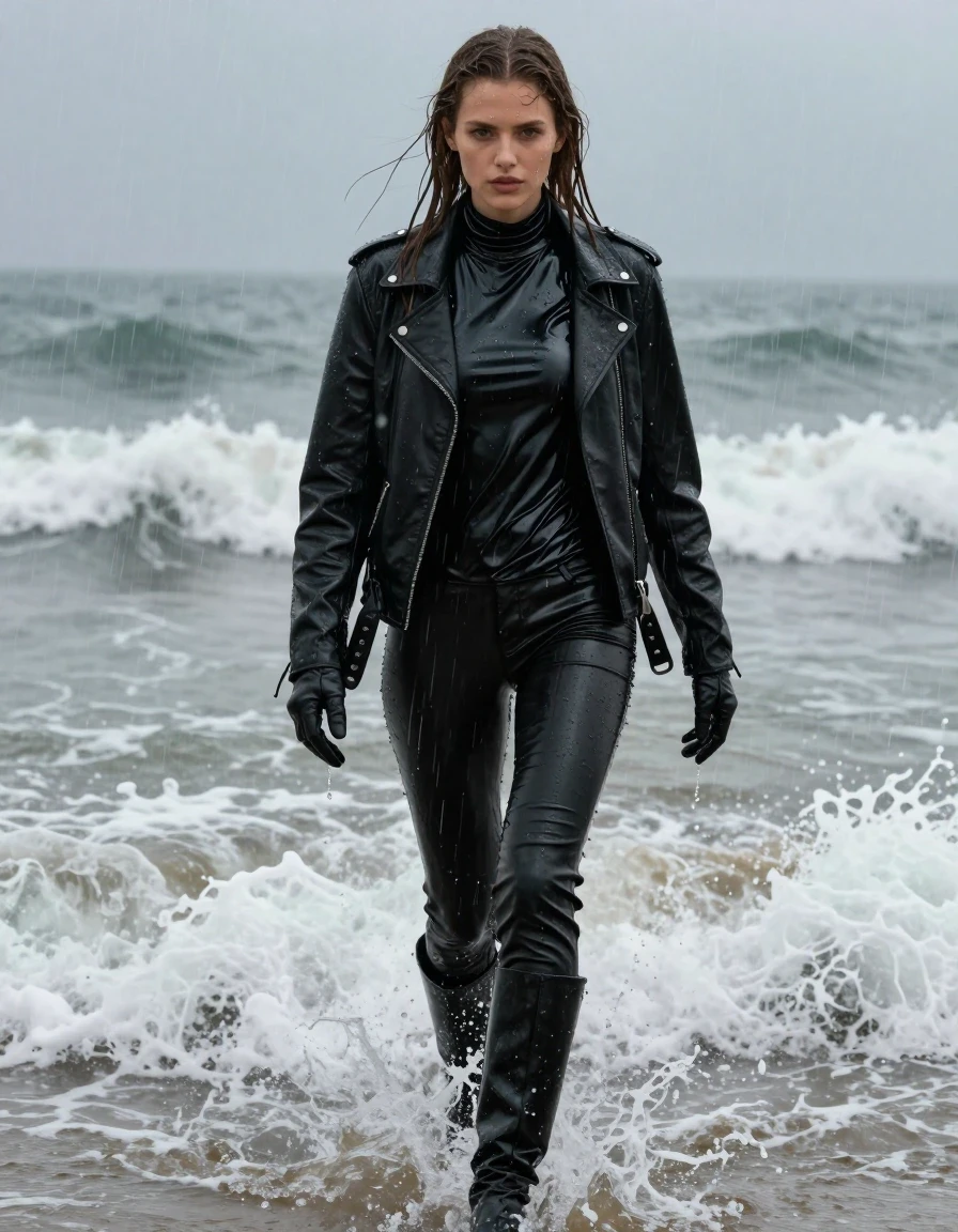 A young adult European woman with long dripping wet brown hair, captured in a photorealistic style. She is wearing an oversize black vinyl turtleneck shirt with a high-gloss reflective finish, layered under a rugged black biker's leather jacket, with matching black leather gloves on her hands. She wears black leather jeans that cling to her legs, paired with black leather knee-high boots. The subject is walking through crashing ocean waves at a beach during a heavy rainstorm. Her skin is glistening with water, and her clothing is thoroughly drenched, showing heavy wet folds, clinging fabric, and deep water saturation. The scene is filled with splashing water and rain, creating a moody, atmospheric environment. The lighting emphasizes the high-contrast sheen on the vinyl, wet leather, and saturated hair. The composition is a medium-full shot focusing on the subject's interaction with the turbulent water, ensuring clean anatomy throughout, with no nudity.