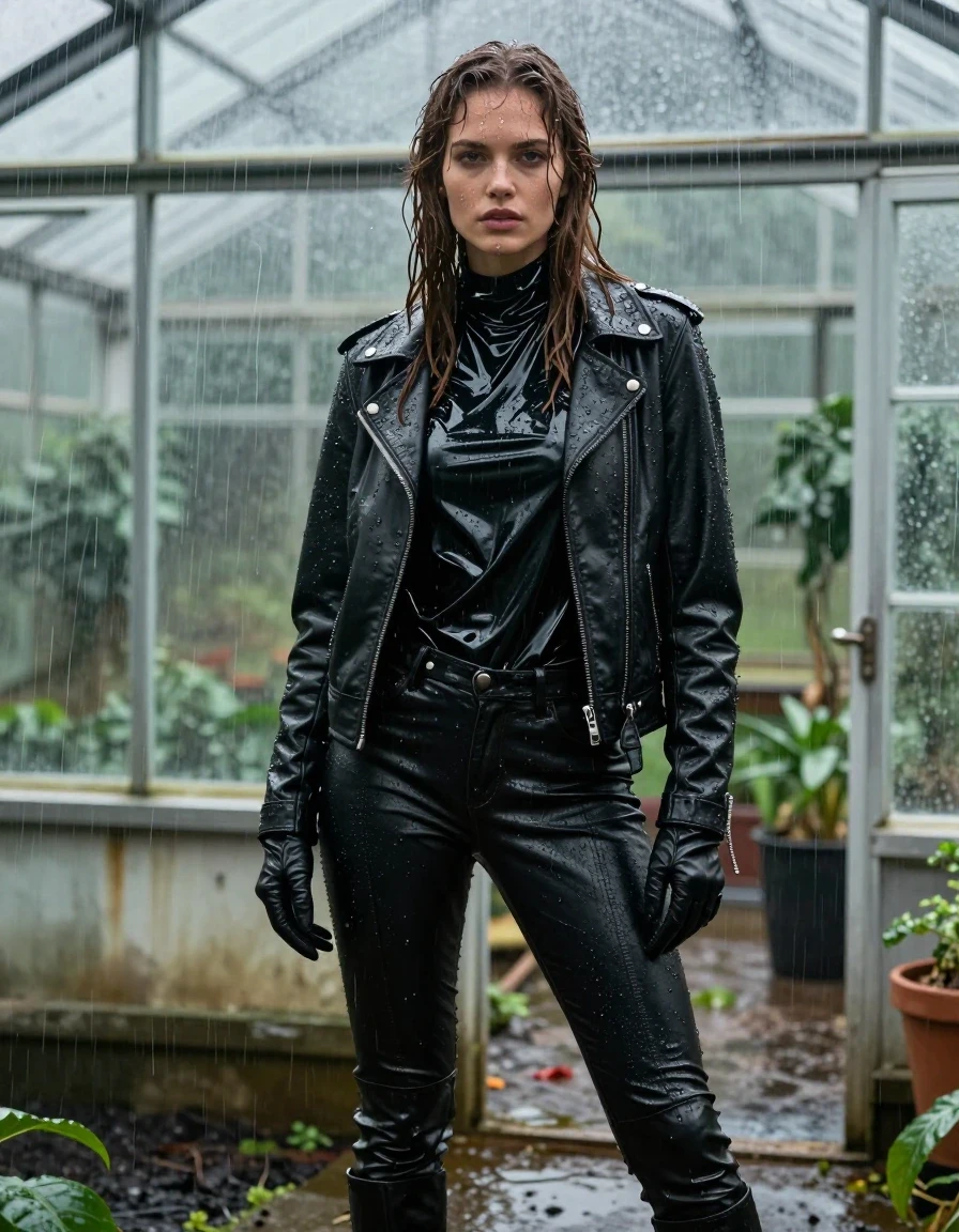 A photorealistic full-body shot of a young adult European woman with long, dripping wet brown hair, standing inside a leaking greenhouse during a heavy rainstorm. She is wearing an oversized black vinyl polar neck shirt, a black biker's leather jacket, black leather gloves, black leather jeans, and black leather knee-high boots. Her skin is glistening with water, and her clothes are visibly drenched, with the fabric clinging to her frame. The vinyl shirt features high-contrast specular highlights, while the leather garments appear dark, heavy, and saturated with moisture. The greenhouse environment is filled with rain streaks, wet glass panels, and damp foliage. The lighting is moody and diffuse, emphasizing the water sheen on her skin and the deep, glossy textures of the wet leather and vinyl. High-resolution, cinematic photography, sharp focus, realistic skin texture, water droplets, and drenched fabric details, strictly no nudity, fully clothed.