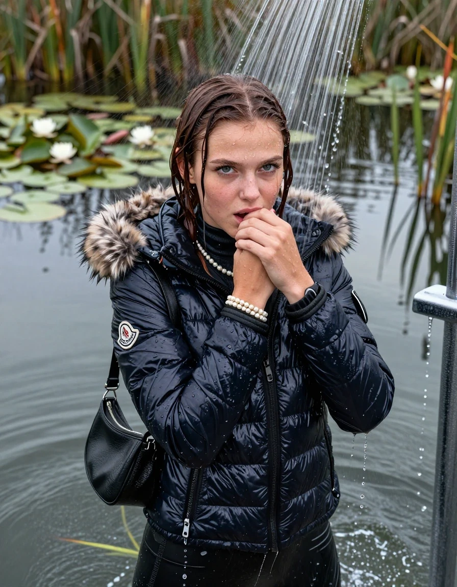 photo of young woman, in soaking wet, drenched clothes,
, , Moncler shiny puffer down jacket with fur, tight turtleneck sweater belly free, shoulderbag, pearl necklace, bracelet, wristwatch, Go back deep into the water after diving in a lake with water lilies and reeds, 
enjoying, wet clothes stuck to body,
detailed textures of the wet clothes, wet face, wet plastered hair,
wet, drenched, professional, high-quality details, full body view.
sharp focus, ultra-high pixel detail, realistic, high-quality, full colors, incredibly detailed, 4k, 8k, 16k, hyper-realistic, RAW photo, masterpiece, ultra-detailed, professionally color graded, professional photograph, Braided hair

15 years old  teenage girl

Looking up at camera, hold with a hand the other the viewer's hand, pulling them toward the center of the water. One hand on her mouth. Whole body and shoulders are submerged under the surface. Looking up at camera. horny eyes.

A high-quality vertical fashion photograph of a 15-year-old teenage girl standing directly under a heavy, powerful stream of water in a modern shower. She has shoulder-length, completely saturated and dripping wet dark auburn hair, with water cascading down her face and neck, creating an intense and exhilarated expression. The lighting is bright and cinematic, highlighting the glistening water droplets on her skin and the saturated texture of her gym clothes. The composition is a clear, frontal portrait, capturing the refreshing and powerful sensation of the water flow. The girl is positioned centrally, facing the camera at a mild three-quarter angle, with her face clearly visible. The depicted girl has shoulder-length dark auburn hair. Show her face clearly toward the camera at a mild three-quarter angle, large enough for a natural portrait face reference.
her clothing is soaking wet and clinging tightly to her skin, showing heavy wet folds, darkened fabric texture, and deep water-saturated Patches, her clothes are heavy from the water, water runs from her body and her clothes in streams. A lot of water also runs out of her clothes. Her clothes are darkened by the water. 
hyper-realistic wetness, high-contrast water sheen, sharp focus, 16k resolution, professional photography, realistic water physics., wet skin, wet clothes, damp fabric