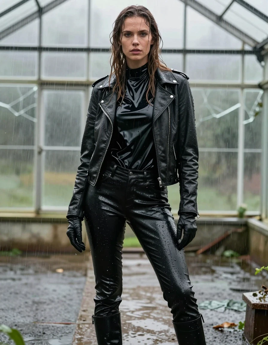 A photorealistic full-body shot of a young adult European woman with long, dripping wet brown hair, standing inside a leaking greenhouse during a torrential downpour. She is wearing an oversize black vinyl polar neck shirt with a high-gloss, reflective finish, layered under a rugged black biker leather jacket, and black leather gloves. She wears black leather jeans that are visibly soaked, with heavy wet folds, water-saturated texture, and deep glossy sheen on the leather grain. She is wearing black leather knee-high boots. Her skin is drenched with water, hair plastered against her neck, and her clothes are heavy with moisture, clinging to her frame. The greenhouse environment is filled with rain streaming through shattered panes, creating a misty, atmospheric light. The scene is captured with sharp focus, emphasizing the texture of the wet leather, the sheen of the vinyl, the clinging fabric, and the realistic weight of the drenched clothing. High contrast lighting, cinematic composition, 8k resolution, highly detailed textures, no nudity, clean anatomy, fully clothed.