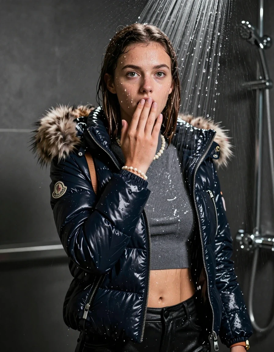 photo of young woman, in soaking wet, drenched clothes,
, , Moncler shiny puffer down jacket with fur, Open jacket, tight knit turtleneck sweater belly free, shoulderbag, pearl necklace, bracelet, wristwatch, shower, 
enjoying, wet clothes stuck to body,
detailed textures of the wet clothes, wet face, wet plastered hair,
wet, drenched, professional, high-quality details, full body view.
sharp focus, ultra-high pixel detail, realistic, high-quality, full colors, incredibly detailed, 4k, 8k, 16k, hyper-realistic, RAW photo, masterpiece, ultra-detailed, professionally color graded, professional photograph, A high-quality vertical fashion photograph of a teenage girl standing directly under a heavy, powerful stream of water in a modern shower. She has Sleek  straight shoulder-length, completely saturated and dripping wet hair, with water cascading down her face and neck, creating an astonished expression. She hold a hand over her mouth. The lighting is bright and cinematic, highlighting the glistening water droplets on her skin and the saturated texture of her  casual clothes. The composition is a clear, frontal portrait, capturing the refreshing and powerful sensation of the water flow. The girl is positioned centrally, facing the camera at a mild three-quarter angle, with her face clearly visible. The depicted girl has brunette hair with a collarbone bob. Show her face clearly toward the camera at a mild three-quarter angle, large enough for a natural portrait face reference.
her clothing is soaking wet and clinging tightly to her skin, showing heavy wet folds, darkened fabric texture, and deep water-saturated Patches, her clothes are heavy from the water, water runs from her body and her clothes in streams. A lot of water also runs out of her clothes. Her clothes are darkened by the water. 
hyper-realistic wetness, high-contrast water sheen, sharp focus, 16k resolution, professional photography, realistic water physics., wet skin, wet clothes, damp fabric, wet skin, wet clothes, damp fabric, wet skin, wet clothes, damp fabric, wet skin, wet clothes, damp fabric