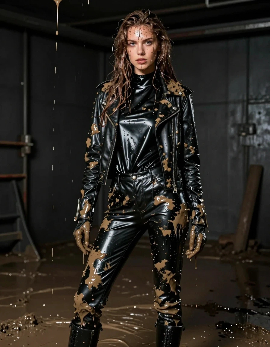 A photorealistic full-body shot of a young European woman with long, dripping wet brown hair, standing in a dimly lit room. She is completely drenched in thick, viscous mud that drips from her hair, skin, and clothing. She wears an oversize black vinyl polar neck shirt, black vinyl pants, and a black biker's leather jacket, all covered in layers of dripping mud. She wears black leather knee-high boots and matching leather gloves on both hands. Her skin and clothing are heavily saturated, with the vinyl surfaces showing a high-gloss sheen beneath the mud, and the fabric clinging to her frame with visible weight and heavy folds. The environment is dark and industrial, with mud actively dripping from the ceiling onto her and the floor. High-contrast cinematic lighting highlights the wet textures, the reflective quality of the vinyl and leather, and the viscous mud. Sharp focus, 8k resolution, highly detailed textures, realistic wetness, no nudity, clean anatomy.