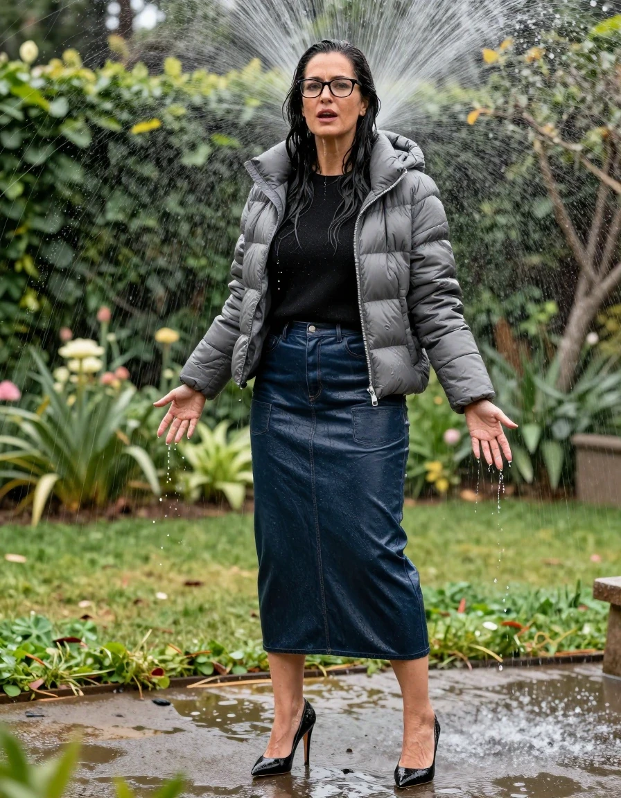 photo of young woman, in soaking wet, drenched clothes,
black high-heeled shoes, maxi dark blue leather denim skirt, black sweater,  maxi gray puffer down jacket, under sprinklers in sunny garden, enjoying wet clothes stuck body, enjoying, wet clothes stuck to body, 
enjoying, wet clothes stuck to body,
detailed textures of the wet clothes, wet face, wet plastered hair,
wet, drenched, professional, high-quality details, full body view.
sharp focus, ultra-high pixel detail, realistic, high-quality, full colors, incredibly detailed, 4k, 8k, 16k, hyper-realistic, RAW photo, masterpiece, ultra-detailed, professionally color graded, professional photograph, europen brunette skinny woman 50 years old, long dark black hair, office glasses, very big and thick lips, complete body, wet skin, wet clothes, damp fabric, wet skin, wet clothes, damp fabric, wet skin, wet clothes, damp fabric, wet skin, wet clothes, damp fabric, wet skin, wet clothes, damp fabric, wet skin, wet clothes, damp fabric, wet skin, wet clothes, damp fabric