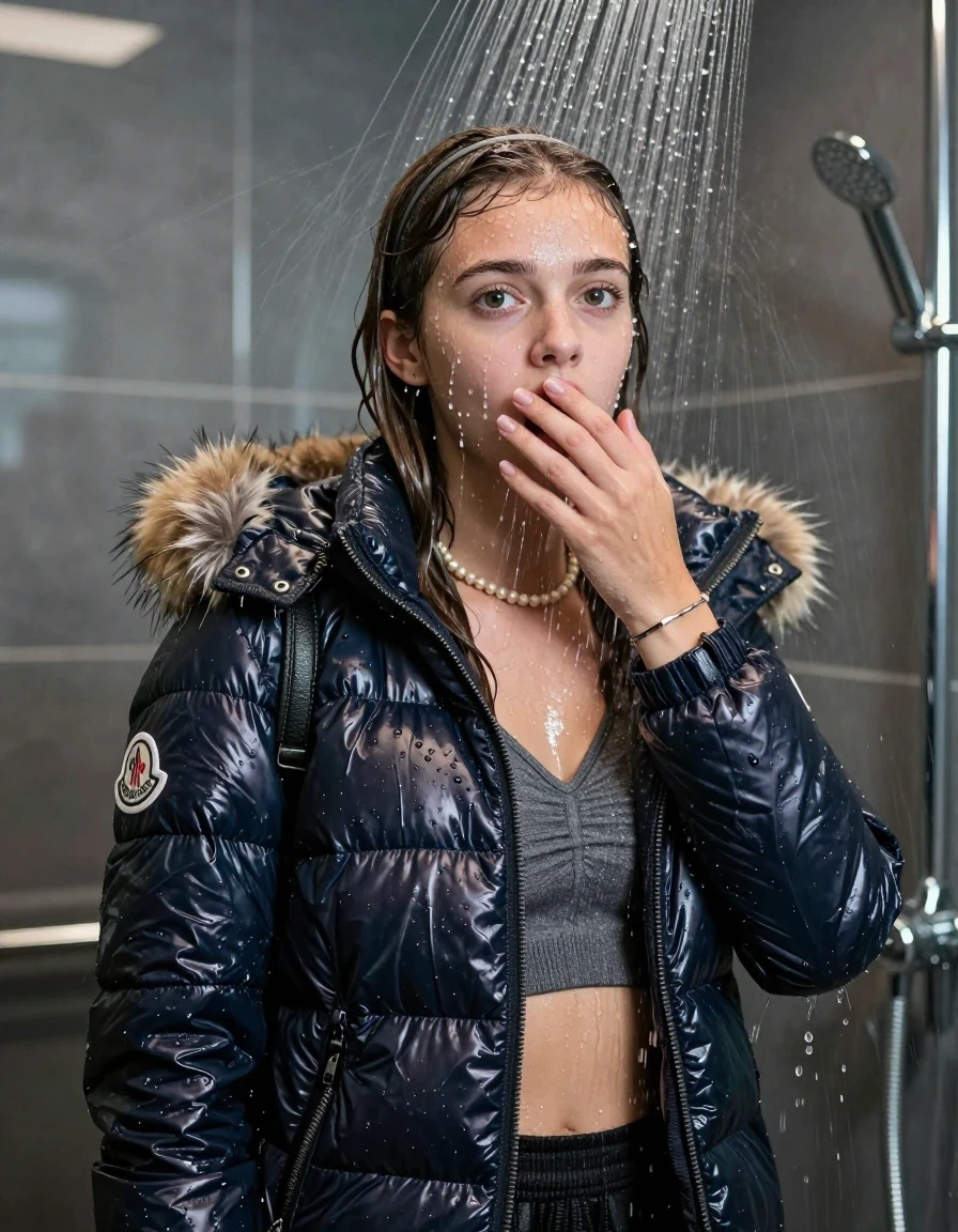 photo of young woman, in soaking wet, drenched clothes,
, , Moncler shiny puffer down jacket with fur, Open jacket, tight v-neck sweater belly free, shoulderbag, pearl necklace, bracelet, wristwatch, Modern mirrored shower, 
enjoying, wet clothes stuck to body,
detailed textures of the wet clothes, wet face, wet plastered hair,
wet, drenched, professional, high-quality details, full body view.
sharp focus, ultra-high pixel detail, realistic, high-quality, full colors, incredibly detailed, 4k, 8k, 16k, hyper-realistic, RAW photo, masterpiece, ultra-detailed, professionally color graded, professional photograph, A high-quality vertical fashion photograph of a 15-year-old teenage girl standing directly under a heavy, powerful stream of water in a modern shower. She has Sleek  straight long hair with hairband, completely saturated and dripping wet hair, with water cascading down her face and neck, creating an afraid and astonished expression. She hold a hand on her mouth. The lighting is bright and cinematic, highlighting the glistening water droplets on her skin and the saturated texture of her  casual clothes. The composition is a clear, frontal portrait, capturing the refreshing and powerful sensation of the water flow. The girl is positioned centrally, facing the camera at a mild three-quarter angle, with her face clearly visible. The depicted girl has shoulder-length hair. Show her face clearly toward the camera at a mild three-quarter angle, large enough for a natural portrait face reference.
her clothing is soaking wet and clinging tightly to her skin, showing heavy wet folds, darkened fabric texture, and deep water-saturated Patches, her clothes are heavy from the water, water runs from her body and her clothes in streams. A lot of water also runs out of her clothes. Her clothes are darkened by the water. 
hyper-realistic wetness, high-contrast water sheen, sharp focus, 16k resolution, professional photography, realistic water physics., wet skin, wet clothes, damp fabric, wet skin, wet clothes, damp fabric, wet skin, wet clothes, damp fabric