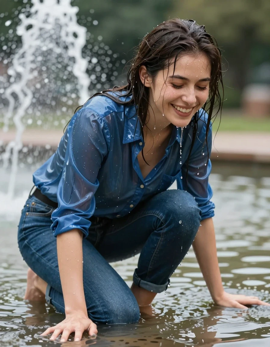 photo of young woman, in soaking wet, drenched clothes,
blue jeans, blue shiny blouse, fountain, 
enjoying, wet clothes stuck to body,
detailed textures of the wet clothes, wet face, wet plastered hair,
wet, drenched, professional, high-quality details, full body view.
sharp focus, ultra-high pixel detail, realistic, high-quality, full colors, incredibly detailed, 4k, 8k, 16k, hyper-realistic, RAW photo, masterpiece, ultra-detailed, professionally color graded, professional photograph, muddy water, drenched, dripping wet, wet hair, happy, submerged,, wet skin, wet clothes, damp fabric