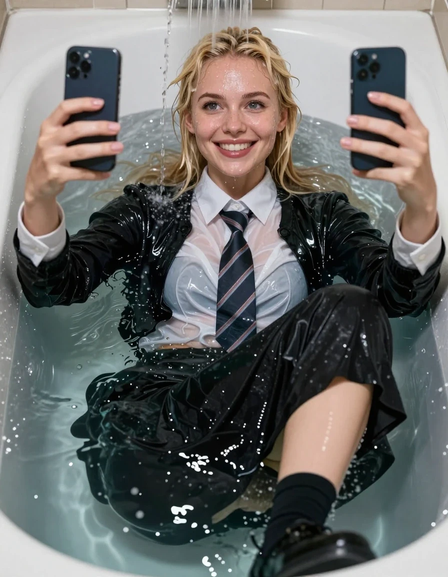 A photorealistic medium shot of a beautiful young adult European woman with natural blonde hair and big expressive eyes, smiling warmly while holding a smartphone to take a selfie. She is completely soaked inside a bath full of water with a cascading water flow pouring down from above. Her skin is glistening with water, and her hair is dripping wet and plastered to her head. She is wearing a crisp, starched long-sleeve smart shirt and a striped tie underneath a black cardigan, paired with a black skirt, all garments are heavy, water-saturated, and clinging to her body, with deep dark tones, visible fabric texture, and glossy specular water reflections. She wears black socks and black shoes, both thoroughly soaked and darkened by the water. The scene is captured with realistic lighting highlighting the water sheen on her clothing and skin, emphasizing the heavy, wet, clinging folds of the fabric and the refractive quality of the cascading water, high detail, 8k, cinematic photography.