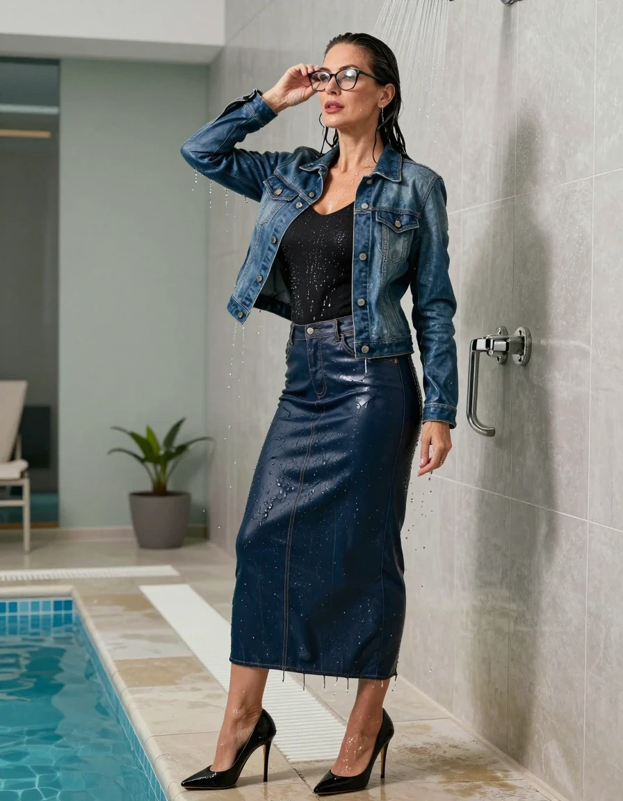 photo of young woman, in soaking wet, drenched clothes,
black high-heeled shoes, maxi dark blue leather denim skirt, black sweater,  maxi dark blue leather denim jacket, under shower after bath in indoor pool, enjoying wet clothes stuck body, enjoying, wet clothes stuck to body, 
enjoying, wet clothes stuck to body,
detailed textures of the wet clothes, wet face, wet plastered hair,
wet, drenched, professional, high-quality details, full body view.
sharp focus, ultra-high pixel detail, realistic, high-quality, full colors, incredibly detailed, 4k, 8k, 16k, hyper-realistic, RAW photo, masterpiece, ultra-detailed, professionally color graded, professional photograph, europen brunette skinny woman 50 years old, long dark black hair, office glasses, very big and thick lips, complete body, wet skin, wet clothes, damp fabric, wet skin, wet clothes, damp fabric, wet skin, wet clothes, damp fabric, wet skin, wet clothes, damp fabric, wet skin, wet clothes, damp fabric, wet skin, wet clothes, damp fabric, wet skin, wet clothes, damp fabric