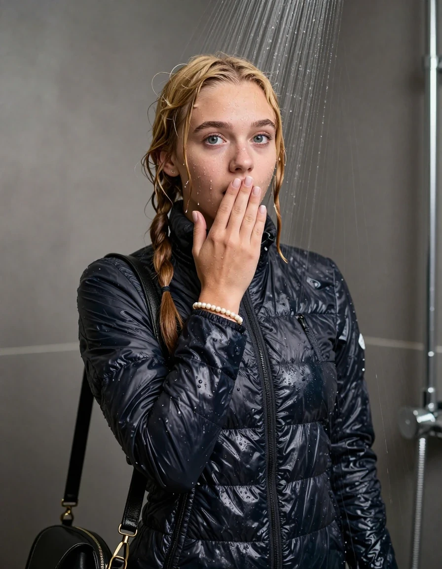photo of young woman, in soaking wet, drenched clothes,
, , Moncler shiny puffer down jacket, tight knit turtleneck sweater belly free, shoulderbag, pearl necklace, bracelet, wristwatch, shower, 
enjoying, wet clothes stuck to body,
detailed textures of the wet clothes, wet face, wet plastered hair,
wet, drenched, professional, high-quality details, full body view.
sharp focus, ultra-high pixel detail, realistic, high-quality, full colors, incredibly detailed, 4k, 8k, 16k, hyper-realistic, RAW photo, masterpiece, ultra-detailed, professionally color graded, professional photograph, Pigtails

15 years old  teenage girl

One hand on her mouth. Looking at camera. horny eyes. afraid and astonished. open mouth, big eyes.

A high-quality vertical fashion photograph of a 15-year-old teenage girl standing directly under a heavy, powerful stream of water in a modern shower. She has shoulder-length, completely saturated and dripping wet blonde hair, with water cascading down her face and neck, creating an intense and exhilarated expression. The lighting is bright and cinematic, highlighting the glistening water droplets on her skin and the saturated texture of her gym clothes. The composition is a clear, frontal portrait, capturing the refreshing and powerful sensation of the water flow. The girl is positioned centrally, facing the camera at a mild three-quarter angle, with her face clearly visible. The depicted girl has shoulder-length dark auburn hair. Show her face clearly toward the camera at a mild three-quarter angle, large enough for a natural portrait face reference.
her clothing is soaking wet and clinging tightly to her skin, showing heavy wet folds, darkened fabric texture, and deep water-saturated Patches, her clothes are heavy from the water, water runs from her body and her clothes in streams. A lot of water also runs out of her clothes. Her clothes are darkened by the water. 
hyper-realistic wetness, high-contrast water sheen, sharp focus, 16k resolution, professional photography, realistic water physics., wet skin, wet clothes, damp fabric, wet skin, wet clothes, damp fabric