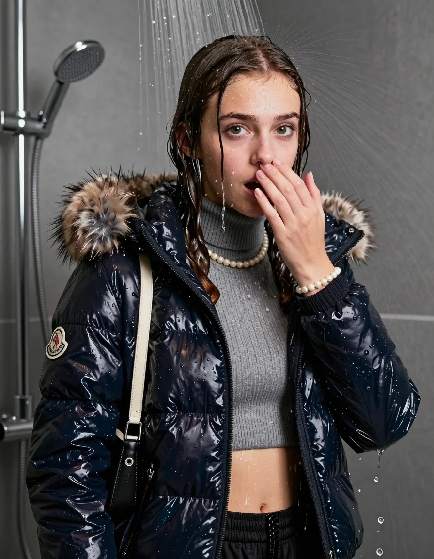 photo of young woman, in soaking wet, drenched clothes,
, , Moncler shiny puffer down jacket with fur, Open jacket, tight knit turtleneck sweater belly free, shoulderbag, pearl necklace, bracelet, wristwatch, Modern mirrored shower, 
enjoying, wet clothes stuck to body,
detailed textures of the wet clothes, wet face, wet plastered hair,
wet, drenched, professional, high-quality details, full body view.
sharp focus, ultra-high pixel detail, realistic, high-quality, full colors, incredibly detailed, 4k, 8k, 16k, hyper-realistic, RAW photo, masterpiece, ultra-detailed, professionally color graded, professional photograph, Pigtails

15 years old  teenage girl

One hand in front of her nose. Looking at camera. horny eyes. afraid and astonished. open mouth, big eyes.

A high-quality vertical fashion photograph of a 15-year-old teenage girl standing directly under a heavy, powerful stream of water in a modern shower. She has Sleek shoulder-length, completely saturated and dripping wet hair, with water cascading down her face and neck, creating an intense and exhilarated expression. The lighting is bright and cinematic, highlighting the glistening water droplets on her skin and the saturated texture of her  casual clothes. The composition is a clear, frontal portrait, capturing the refreshing and powerful sensation of the water flow. The girl is positioned centrally, facing the camera at a mild three-quarter angle, with her face clearly visible. The depicted girl has shoulder-length hair. Show her face clearly toward the camera at a mild three-quarter angle, large enough for a natural portrait face reference.
her clothing is soaking wet and clinging tightly to her skin, showing heavy wet folds, darkened fabric texture, and deep water-saturated Patches, her clothes are heavy from the water, water runs from her body and her clothes in streams. A lot of water also runs out of her clothes. Her clothes are darkened by the water. 
hyper-realistic wetness, high-contrast water sheen, sharp focus, 16k resolution, professional photography, realistic water physics., wet skin, wet clothes, damp fabric, wet skin, wet clothes, damp fabric, wet skin, wet clothes, damp fabric
