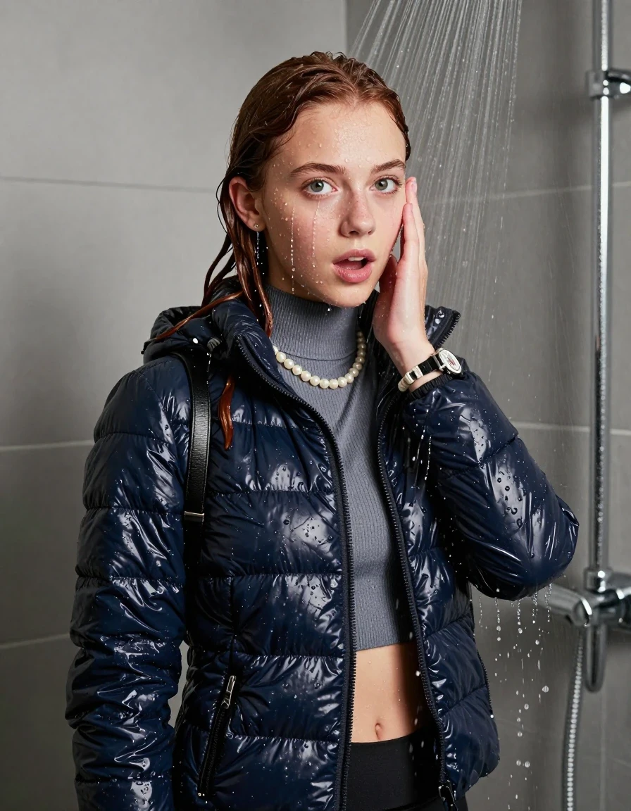 photo of young woman, in soaking wet, drenched clothes,
, , Moncler shiny puffer down jacket, Open jacket, tight knit turtleneck sweater belly free, shoulderbag, pearl necklace, bracelet, wristwatch, shower, 
enjoying, wet clothes stuck to body,
detailed textures of the wet clothes, wet face, wet plastered hair,
wet, drenched, professional, high-quality details, full body view.
sharp focus, ultra-high pixel detail, realistic, high-quality, full colors, incredibly detailed, 4k, 8k, 16k, hyper-realistic, RAW photo, masterpiece, ultra-detailed, professionally color graded, professional photograph, Pigtails

15 years old  teenage girl

One hand on her face. Looking at camera. horny eyes. afraid and astonished. open mouth, big eyes.

A high-quality vertical fashion photograph of a 15-year-old teenage girl standing directly under a heavy, powerful stream of water in a modern shower. She has Sleek shoulder-length, completely saturated and dripping wet hair, with water cascading down her face and neck, creating an intense and exhilarated expression. The lighting is bright and cinematic, highlighting the glistening water droplets on her skin and the saturated texture of her gym clothes. The composition is a clear, frontal portrait, capturing the refreshing and powerful sensation of the water flow. The girl is positioned centrally, facing the camera at a mild three-quarter angle, with her face clearly visible. The depicted girl has shoulder-length dark auburn hair. Show her face clearly toward the camera at a mild three-quarter angle, large enough for a natural portrait face reference.
her clothing is soaking wet and clinging tightly to her skin, showing heavy wet folds, darkened fabric texture, and deep water-saturated Patches, her clothes are heavy from the water, water runs from her body and her clothes in streams. A lot of water also runs out of her clothes. Her clothes are darkened by the water. 
hyper-realistic wetness, high-contrast water sheen, sharp focus, 16k resolution, professional photography, realistic water physics., wet skin, wet clothes, damp fabric, wet skin, wet clothes, damp fabric