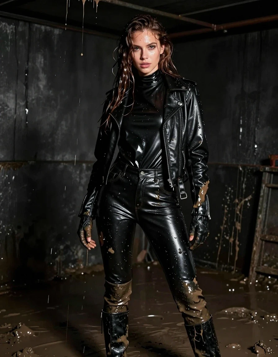 A photorealistic full-body portrait of a young European woman with long, dripping wet brown hair, standing in a dimly lit room. She is completely drenched in thick, dark mud that drips from the ceiling and coats her entire form. Her skin is glistening with wetness, and her clothing is heavily saturated, clinging to her body with realistic weight and dark, damp textures. She is wearing an oversize black vinyl turtleneck shirt that displays a high-gloss, wet sheen, paired with tight-fitting black vinyl pants that have a reflective, liquid-like surface. Over this, she wears a black biker leather jacket with visible water saturation and heavy folds, complemented by black leather gloves on both hands. She is wearing black leather knee-high boots that are caked in mud and slick with water. The environment is dark and industrial, with mud streaks running down the walls. The lighting is sharp and directional, creating strong specular highlights on the wet vinyl, slick leather, and mud-covered skin. The image is captured with high-detail photographic precision, emphasizing the glossy, wet textures of the fabrics and the heavy, viscous nature of the mud. The subject is fully clothed with no nudity.