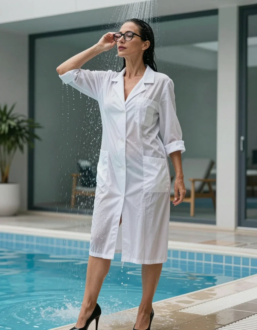 photo of young woman, in soaking wet, drenched clothes,
black high-heeled shoes, maxi white labcoat, maxi white labcoat with short sleeves, under shower after bath in indoor pool, enjoying wet clothes stuck body, enjoying, wet clothes stuck to body, 
enjoying, wet clothes stuck to body,
detailed textures of the wet clothes, wet face, wet plastered hair,
wet, drenched, professional, high-quality details, full body view.
sharp focus, ultra-high pixel detail, realistic, high-quality, full colors, incredibly detailed, 4k, 8k, 16k, hyper-realistic, RAW photo, masterpiece, ultra-detailed, professionally color graded, professional photograph, europen brunette skinny woman 50 years old, long dark black hair, office glasses, very big and thick lips, complete body, wet skin, wet clothes, damp fabric, wet skin, wet clothes, damp fabric, wet skin, wet clothes, damp fabric, wet skin, wet clothes, damp fabric, wet skin, wet clothes, damp fabric, wet skin, wet clothes, damp fabric, wet skin, wet clothes, damp fabric