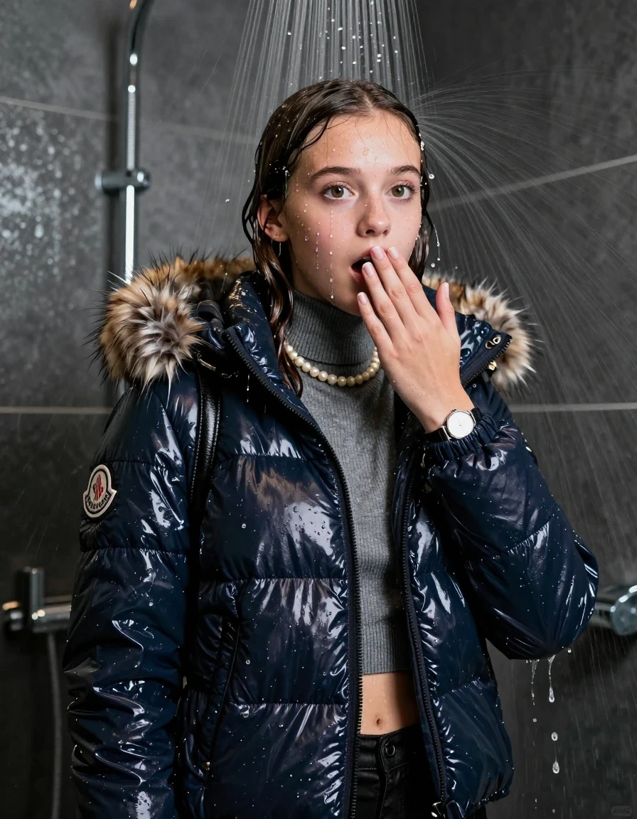 photo of young woman, in soaking wet, drenched clothes,
, , Moncler shiny puffer down jacket with fur, Open jacket, tight knit turtleneck sweater belly free, shoulderbag, pearl necklace, bracelet, wristwatch, Modern mirrored shower, 
enjoying, wet clothes stuck to body,
detailed textures of the wet clothes, wet face, wet plastered hair,
wet, drenched, professional, high-quality details, full body view.
sharp focus, ultra-high pixel detail, realistic, high-quality, full colors, incredibly detailed, 4k, 8k, 16k, hyper-realistic, RAW photo, masterpiece, ultra-detailed, professionally color graded, professional photograph, Pigtails

15 years old  teenage girl

One hand in front of her mouth. Looking slightly away. afraid and astonished. open mouth, big eyes.

A high-quality vertical fashion photograph of a 15-year-old teenage girl standing directly under a heavy, powerful stream of water in a modern shower. She has Sleek shoulder-length, completely saturated and dripping wet hair, with water cascading down her face and neck, creating an intense and exhilarated expression. The lighting is bright and cinematic, highlighting the glistening water droplets on her skin and the saturated texture of her  clothes. The composition is a clear, frontal portrait, capturing the refreshing and powerful sensation of the water flow. The girl is positioned centrally, facing the camera at a mild three-quarter angle, with her face clearly visible. The depicted girl has shoulder-length hair. Show her face clearly toward the camera at a mild three-quarter angle, large enough for a natural portrait face reference.
her clothing is soaking wet and clinging tightly to her skin, showing heavy wet folds, darkened fabric texture, and deep water-saturated Patches, her clothes are heavy from the water, water runs from her body and her clothes in streams. A lot of water also runs out of her clothes. Her clothes are darkened by the water. 
hyper-realistic wetness, high-contrast water sheen, sharp focus, 16k resolution, professional photography, realistic water physics., wet skin, wet clothes, damp fabric, wet skin, wet clothes, damp fabric