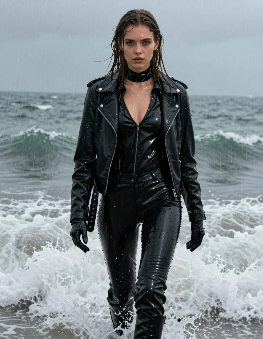 A stunning, photorealistic full-body shot of a young European woman with long, dripping wet brown hair, standing amidst crashing waves on a stormy beach during heavy rain. Her skin is glistening with water, and she is wearing a sleek, oversize black vinyl polar neck shirt, black vinyl pants, and a black biker-style leather jacket, with all garments appearing heavy, drenched, and clinging to her form with intense high-gloss specular reflections. She wears black leather knee-high boots and matching leather gloves on both hands. The fabric of her vinyl and leather clothing shows realistic water runoff, deep wet creases, and a high-sheen wet-look finish. The environment features turbulent ocean waves splashing against her, with rain streaks visible in the air, creating a moody, atmospheric, and cinematic scene. High-contrast lighting, sharp focus on textures, 8k resolution, professional photography, wet skin, damp fabric, fully clothed, modest attire.