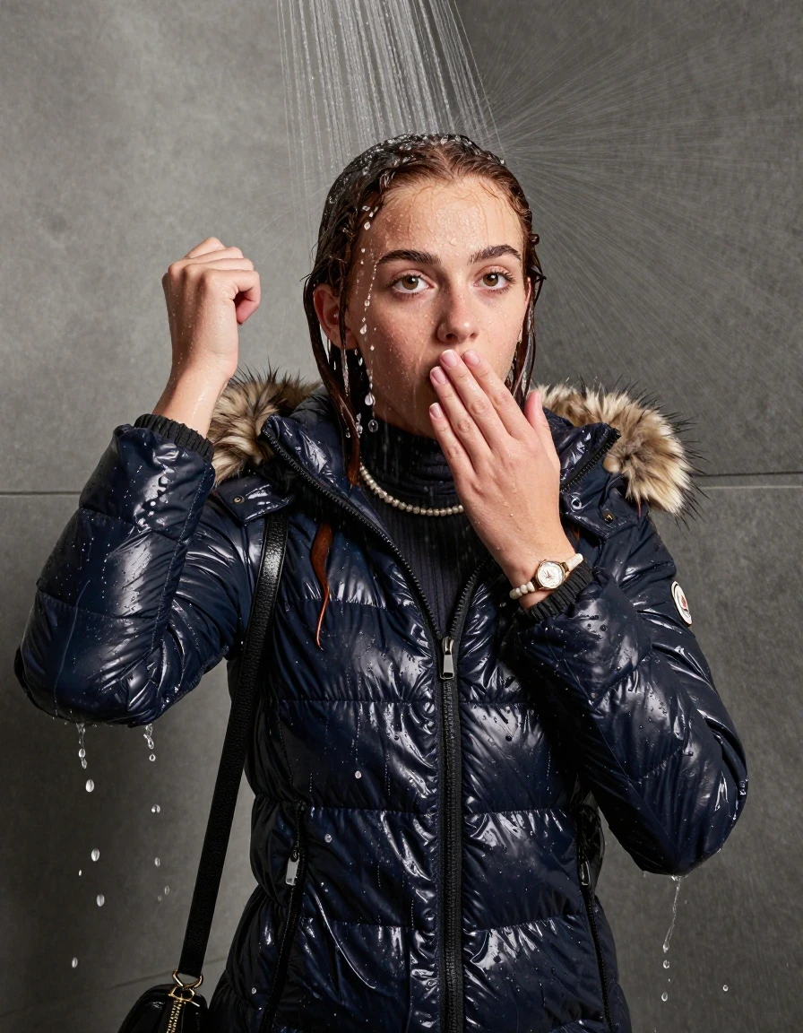photo of young woman, in soaking wet, drenched clothes,
, , Moncler shiny puffer down jacket with fur, tight turtleneck sweater belly free, shoulderbag, pearl necklace, bracelet, wristwatch, shower, 
enjoying, wet clothes stuck to body,
detailed textures of the wet clothes, wet face, wet plastered hair,
wet, drenched, professional, high-quality details, full body view.
sharp focus, ultra-high pixel detail, realistic, high-quality, full colors, incredibly detailed, 4k, 8k, 16k, hyper-realistic, RAW photo, masterpiece, ultra-detailed, professionally color graded, professional photograph, Braided hair

15 years old  teenage girl

Looking up at camera, hold with a hand the other the viewer's hand, pulling them toward the center of the water. One hand on her mouth. Whole body and shoulders are submerged under the surface. Looking up at camera. horny eyes. afraid and astonished.

A high-quality vertical fashion photograph of a 15-year-old teenage girl standing directly under a heavy, powerful stream of water in a modern shower. She has shoulder-length, completely saturated and dripping wet dark auburn hair, with water cascading down her face and neck, creating an intense and exhilarated expression. The lighting is bright and cinematic, highlighting the glistening water droplets on her skin and the saturated texture of her gym clothes. The composition is a clear, frontal portrait, capturing the refreshing and powerful sensation of the water flow. The girl is positioned centrally, facing the camera at a mild three-quarter angle, with her face clearly visible. The depicted girl has shoulder-length dark auburn hair. Show her face clearly toward the camera at a mild three-quarter angle, large enough for a natural portrait face reference.
her clothing is soaking wet and clinging tightly to her skin, showing heavy wet folds, darkened fabric texture, and deep water-saturated Patches, her clothes are heavy from the water, water runs from her body and her clothes in streams. A lot of water also runs out of her clothes. Her clothes are darkened by the water. 
hyper-realistic wetness, high-contrast water sheen, sharp focus, 16k resolution, professional photography, realistic water physics., wet skin, wet clothes, damp fabric