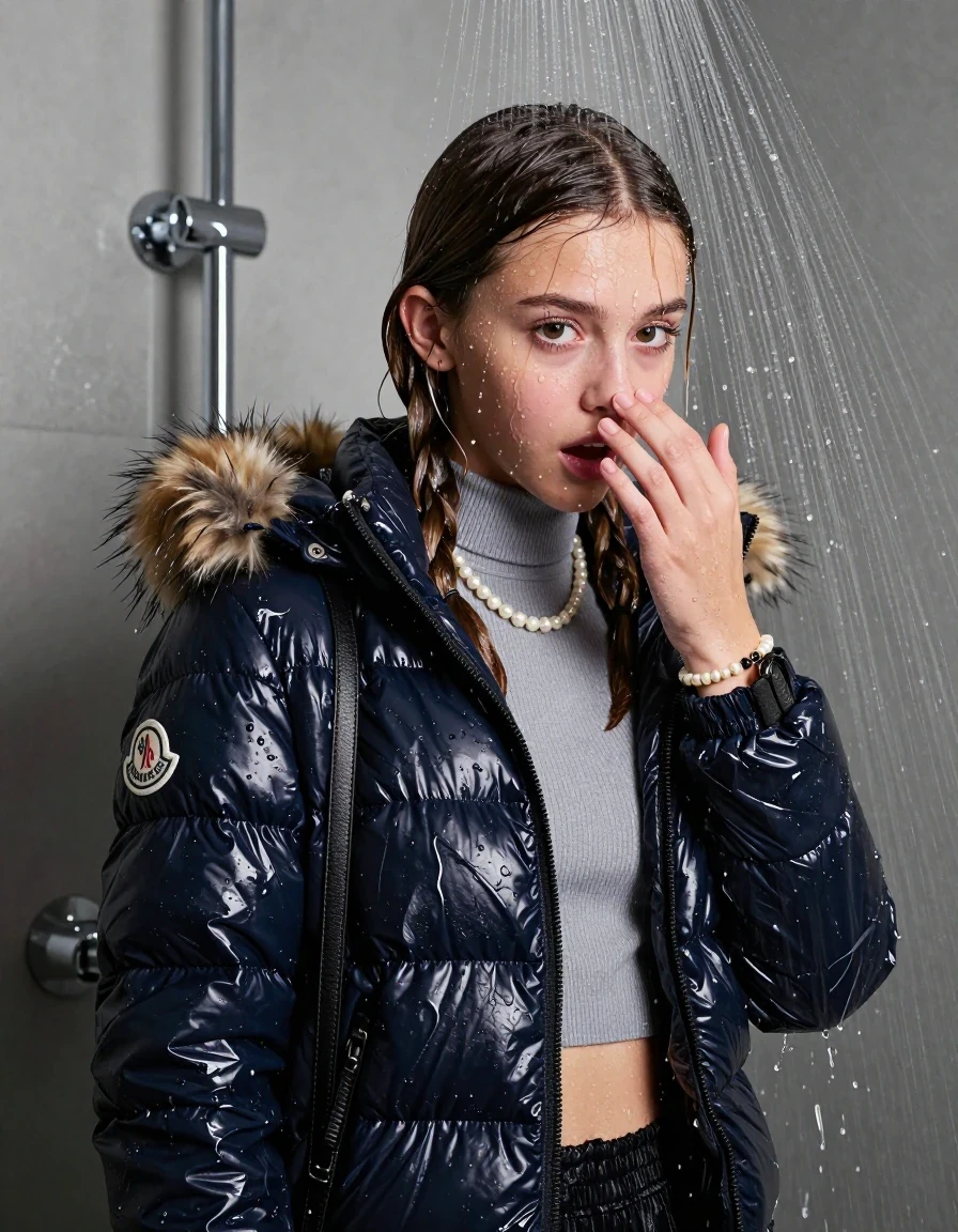 photo of young woman, in soaking wet, drenched clothes,
, , Moncler shiny puffer down jacket with fur, Open jacket, tight knit turtleneck sweater belly free, shoulderbag, pearl necklace, bracelet, wristwatch, Modern mirrored shower, 
enjoying, wet clothes stuck to body,
detailed textures of the wet clothes, wet face, wet plastered hair,
wet, drenched, professional, high-quality details, full body view.
sharp focus, ultra-high pixel detail, realistic, high-quality, full colors, incredibly detailed, 4k, 8k, 16k, hyper-realistic, RAW photo, masterpiece, ultra-detailed, professionally color graded, professional photograph, Pigtails

15 years old  teenage girl

One hand in front of her nose. Looking down. horny eyes. afraid and astonished. open mouth, big eyes.

A high-quality vertical fashion photograph of a 15-year-old teenage girl standing directly under a heavy, powerful stream of water in a modern shower. She has Sleek shoulder-length, completely saturated and dripping wet hair, with water cascading down her face and neck, creating an intense and exhilarated expression. The lighting is bright and cinematic, highlighting the glistening water droplets on her skin and the saturated texture of her  casual clothes. The composition is a clear, frontal portrait, capturing the refreshing and powerful sensation of the water flow. The girl is positioned centrally, facing the camera at a mild three-quarter angle, with her face clearly visible. The depicted girl has shoulder-length hair. Show her face clearly toward the camera at a mild three-quarter angle, large enough for a natural portrait face reference.
her clothing is soaking wet and clinging tightly to her skin, showing heavy wet folds, darkened fabric texture, and deep water-saturated Patches, her clothes are heavy from the water, water runs from her body and her clothes in streams. A lot of water also runs out of her clothes. Her clothes are darkened by the water. 
hyper-realistic wetness, high-contrast water sheen, sharp focus, 16k resolution, professional photography, realistic water physics., wet skin, wet clothes, damp fabric, wet skin, wet clothes, damp fabric