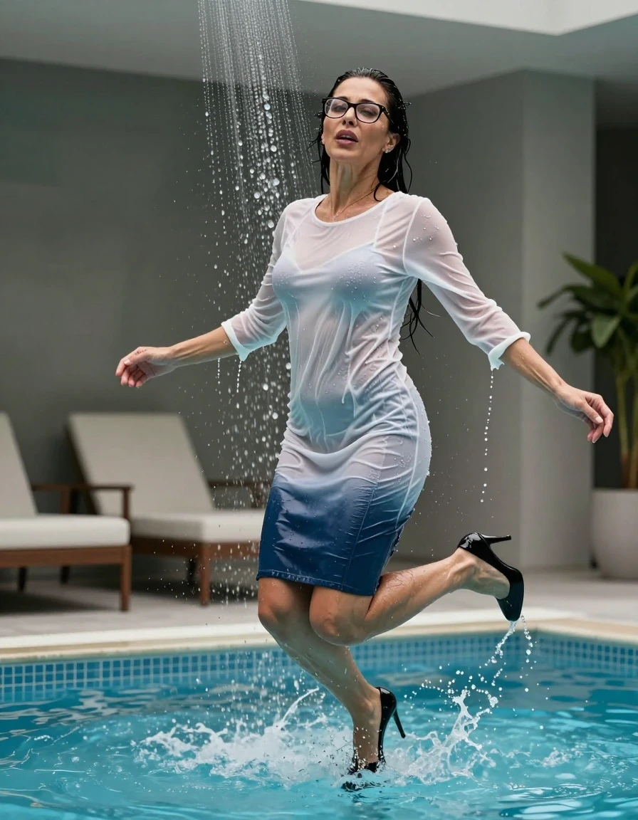 photo of young woman, in soaking wet, drenched clothes,
black high-heeled shoes, long dark blue leather denim skirt, white sweater dress, jumping in pool under shower after bath in indoor pool, enjoying wet clothes stuck body, enjoying, wet clothes stuck to body, 
enjoying, wet clothes stuck to body,
detailed textures of the wet clothes, wet face, wet plastered hair,
wet, drenched, professional, high-quality details, full body view.
sharp focus, ultra-high pixel detail, realistic, high-quality, full colors, incredibly detailed, 4k, 8k, 16k, hyper-realistic, RAW photo, masterpiece, ultra-detailed, professionally color graded, professional photograph, europen brunette skinny woman 50 years old, long dark black hair, office glasses, very big and thick lips, complete body, wet skin, wet clothes, damp fabric, wet skin, wet clothes, damp fabric, wet skin, wet clothes, damp fabric, wet skin, wet clothes, damp fabric, wet skin, wet clothes, damp fabric, wet skin, wet clothes, damp fabric, wet skin, wet clothes, damp fabric