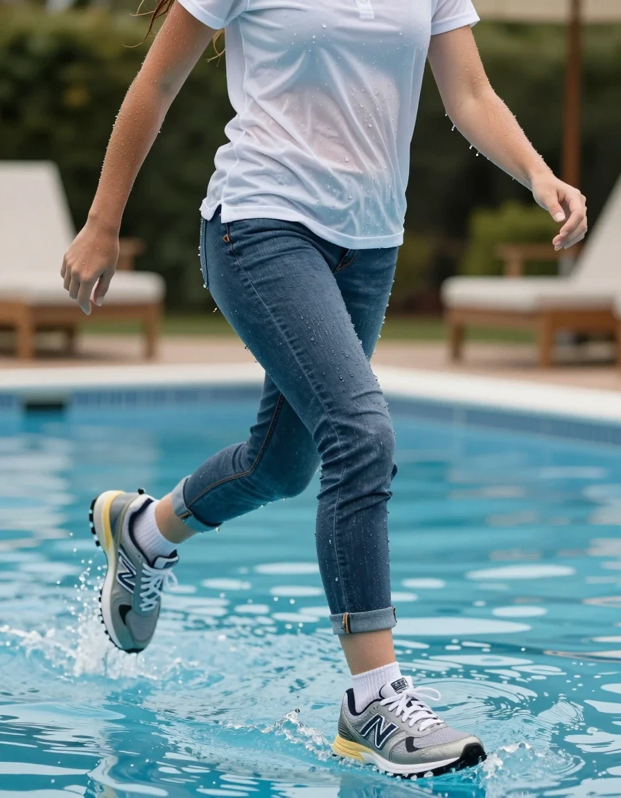 photo of young woman, in soaking wet, drenched clothes,
running new balance sneakers and white socks, jeans, polo shirt, pool, 
enjoying, wet clothes stuck to body,
detailed textures of the wet clothes, wet face, wet plastered hair,
wet, drenched, professional, high-quality details, full body view.
sharp focus, ultra-high pixel detail, realistic, high-quality, full colors, incredibly detailed, 4k, 8k, 16k, hyper-realistic, RAW photo, masterpiece, ultra-detailed, professionally color graded, professional photograph, closeup to sneakers slowly submerging to water, wet skin, wet clothes, damp fabric