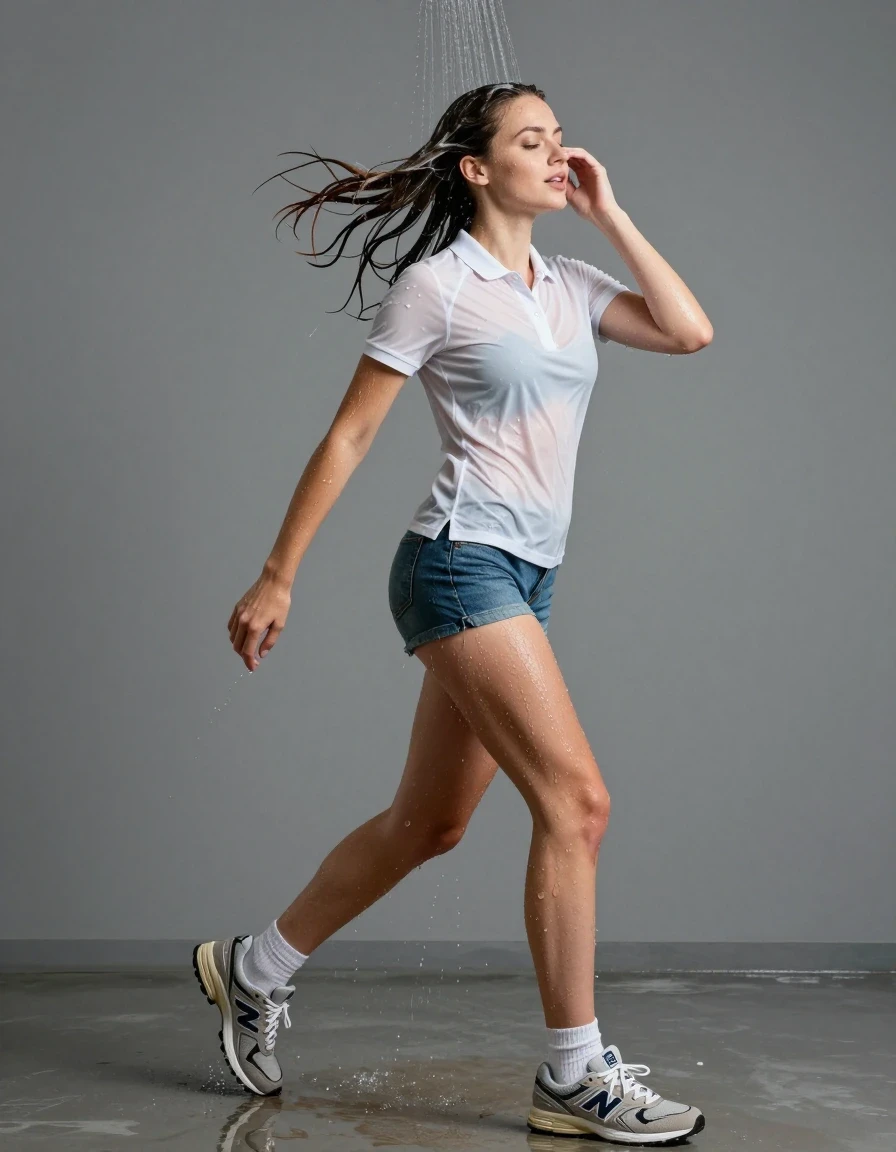photo of young woman, in soaking wet, drenched clothes,
running new balance sneakers and white socks, short jeans, white polo shirt, shower, 
enjoying, wet clothes stuck to body,
detailed textures of the wet clothes, wet face, wet plastered hair,
wet, drenched, professional, high-quality details, full body view.
sharp focus, ultra-high pixel detail, realistic, high-quality, full colors, incredibly detailed, 4k, 8k, 16k, hyper-realistic, RAW photo, masterpiece, ultra-detailed, professionally color graded, professional photograph, standing under shower, washing hair,, wet skin, wet clothes, damp fabric
