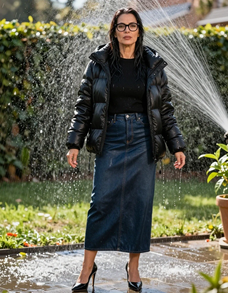 photo of young woman, in soaking wet, drenched clothes,
black high-heeled shoes, maxi dark blue leather denim skirt, black sweater,  maxi black down jacket, under sprinklers in sunny garden, enjoying wet clothes stuck body, enjoying, wet clothes stuck to body, 
enjoying, wet clothes stuck to body,
detailed textures of the wet clothes, wet face, wet plastered hair,
wet, drenched, professional, high-quality details, full body view.
sharp focus, ultra-high pixel detail, realistic, high-quality, full colors, incredibly detailed, 4k, 8k, 16k, hyper-realistic, RAW photo, masterpiece, ultra-detailed, professionally color graded, professional photograph, europen brunette skinny woman 50 years old, long dark black hair, office glasses, very big and thick lips, complete body, wet skin, wet clothes, damp fabric, wet skin, wet clothes, damp fabric, wet skin, wet clothes, damp fabric, wet skin, wet clothes, damp fabric, wet skin, wet clothes, damp fabric, wet skin, wet clothes, damp fabric, wet skin, wet clothes, damp fabric