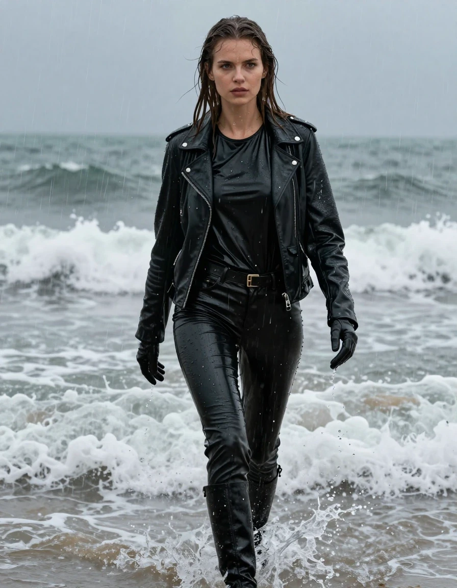 A photorealistic medium shot of a young adult European woman with long, dripping wet brown hair, captured in high-detail. She is wearing an oversize black vinyl polar neck shirt, black vinyl pants, a black biker leather jacket, and black leather knee-high boots, with leather gloves on both hands. Her skin is glistening and drenched, and her clothing is heavily soaked, with the vinyl and leather textures showing deep water sheen, heavy clinging, and dark, glossy specular reflections from the downpour. She is walking through crashing ocean waves at the beach during a heavy rainstorm, with water actively splashing against her, creating a realistic, drenched atmosphere. The lighting is moody and cinematic, highlighting the wet texture of her skin and the dripping fabric. The image is strictly non-nude, featuring clean anatomy throughout.