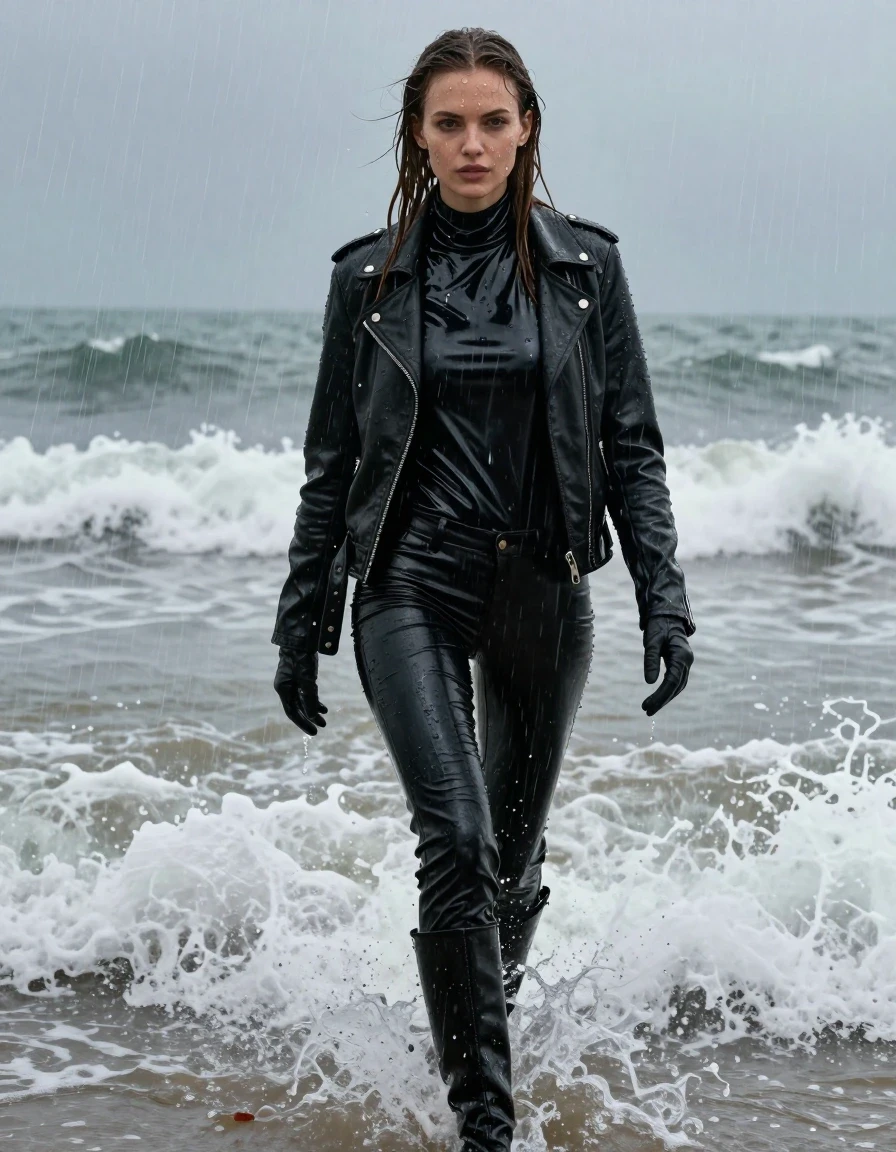 A hyper-realistic full-body shot of a young adult European woman with long, dripping wet brown hair, standing amidst crashing ocean waves at the beach during a torrential downpour. She is wearing an oversized black vinyl turtleneck shirt with a high-gloss, reflective wet sheen, layered under a rugged black biker leather jacket, with black leather gloves on both hands. She wears black leather jeans that cling to her legs, showing deep saturation and heavy, wet folds, paired with black leather knee-high boots. Her skin is drenched, with water droplets and a glistening sheen covering her face and arms. The heavy rain creates a mist and splashes waves against her, with her clothing appearing dark, heavy, and saturated from the constant water exposure. The lighting is moody and overcast, highlighting the glossy textures of the vinyl, leather, and wet skin. The composition captures her in motion, walking through the surf with a focused expression, high-contrast photographic detail, 8k resolution, sharp focus on texture and water droplets, non-nude, modest attire.