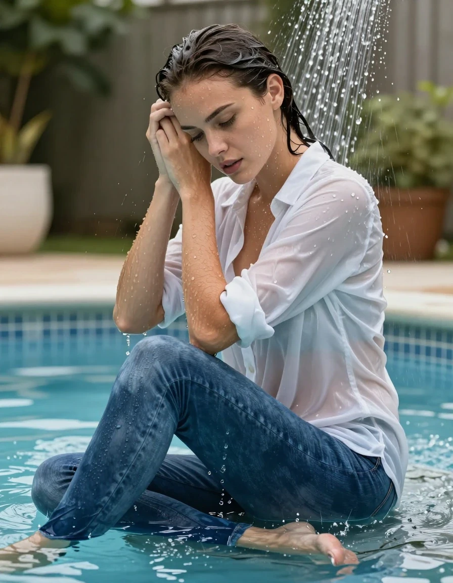 photo of young woman, in soaking wet, drenched clothes,
blue jeans, light white shiny blouse, shower in the pool, 
enjoying, wet clothes stuck to body,
detailed textures of the wet clothes, wet face, wet plastered hair,
wet, drenched, professional, high-quality details, full body view.
sharp focus, ultra-high pixel detail, realistic, high-quality, full colors, incredibly detailed, 4k, 8k, 16k, hyper-realistic, RAW photo, masterpiece, ultra-detailed, professionally color graded, professional photograph, mud, drenched, dripping wet, wet hair, shy,
submerged,, wet skin, wet clothes, damp fabric