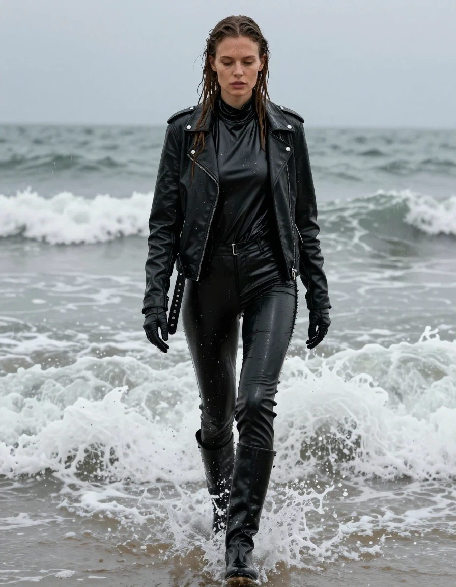 A photorealistic full-body shot of a young adult European woman with long, dripping wet brown hair, standing amidst crashing ocean waves on a dark, stormy beach. She is wearing an oversize black vinyl polar neck shirt, black vinyl pants, and a black biker-style leather jacket, with black leather gloves on both hands and black leather knee-high boots. Her skin is glistening with water, and her clothing is heavily drenched, showing deep, saturated colors, clinging to her form, and covered in a high-gloss wet sheen from the heavy rain and splashing surf. She is walking forward through the shallow water as waves splash against her legs. The scene is captured in high-detail cinematic photography, emphasizing the texture of the wet fabrics and the glistening, rain-slicked surfaces. The atmosphere is moody and overcast with natural, diffuse lighting. No nudity, clean anatomy, non-sexualized, high-fidelity textures.