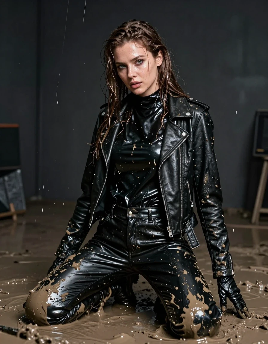 A photorealistic portrait of a young adult European woman with long, dripping wet brown hair and saturated, glistening wet skin, kneeling on the floor of a dark, moody room. She is wearing an oversize black vinyl polar neck shirt, black vinyl pants, a black biker leather jacket, and black leather knee-high boots, with leather gloves on both hands. The entire scene is drenched in thick mud that is actively dripping from the ceiling onto her and her clothing, creating a heavy, visceral texture of sludge and mud-caked surfaces. Her clothes are clinging to her body, exhibiting heavy folds, damp fabric textures, and a dark, soaked appearance where the mud and moisture have permeated the materials. The lighting highlights the glossy, reflective sheen of the vinyl and leather surfaces against the matte, gritty texture of the dripping mud. The composition is a cinematic medium shot focusing on her intense expression and the interplay of wet textures, with clear, sharp details on the fabric, skin, and dripping mud, ensuring no nudity is present.