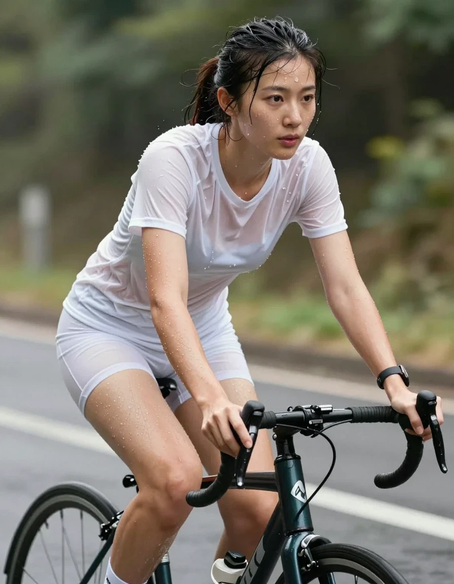 photo of young woman, in soaking wet, drenched clothes,
white shorts, white t shirt, , 
enjoying, wet clothes stuck to body,
detailed textures of the wet clothes, wet face, wet plastered hair,
wet, drenched, professional, high-quality details, full body view.
sharp focus, ultra-high pixel detail, realistic, high-quality, full colors, incredibly detailed, 4k, 8k, 16k, hyper-realistic, RAW photo, masterpiece, ultra-detailed, professionally color graded, professional photograph, photo of young woman, in soaking wet, drenched clothes, running sneakers, white low socks, shorts, white t shirt,  enjoying, wet clothes stuck to body, detailed textures of the wet clothes, wet face, wet plastered hair, wet, drenched, professional, high-quality details, full body view. sharp focus, ultra-high pixel detail, realistic, high-quality, full colors, incredibly detailed, 4k, 8k, 16k, hyper-realistic, RAW photo, masterpiece, ultra-detailed, professionally color graded, professional photograph, riding bicycle, wet skin, wet clothes, damp fabric, wet skin, wet clothes, damp fabric