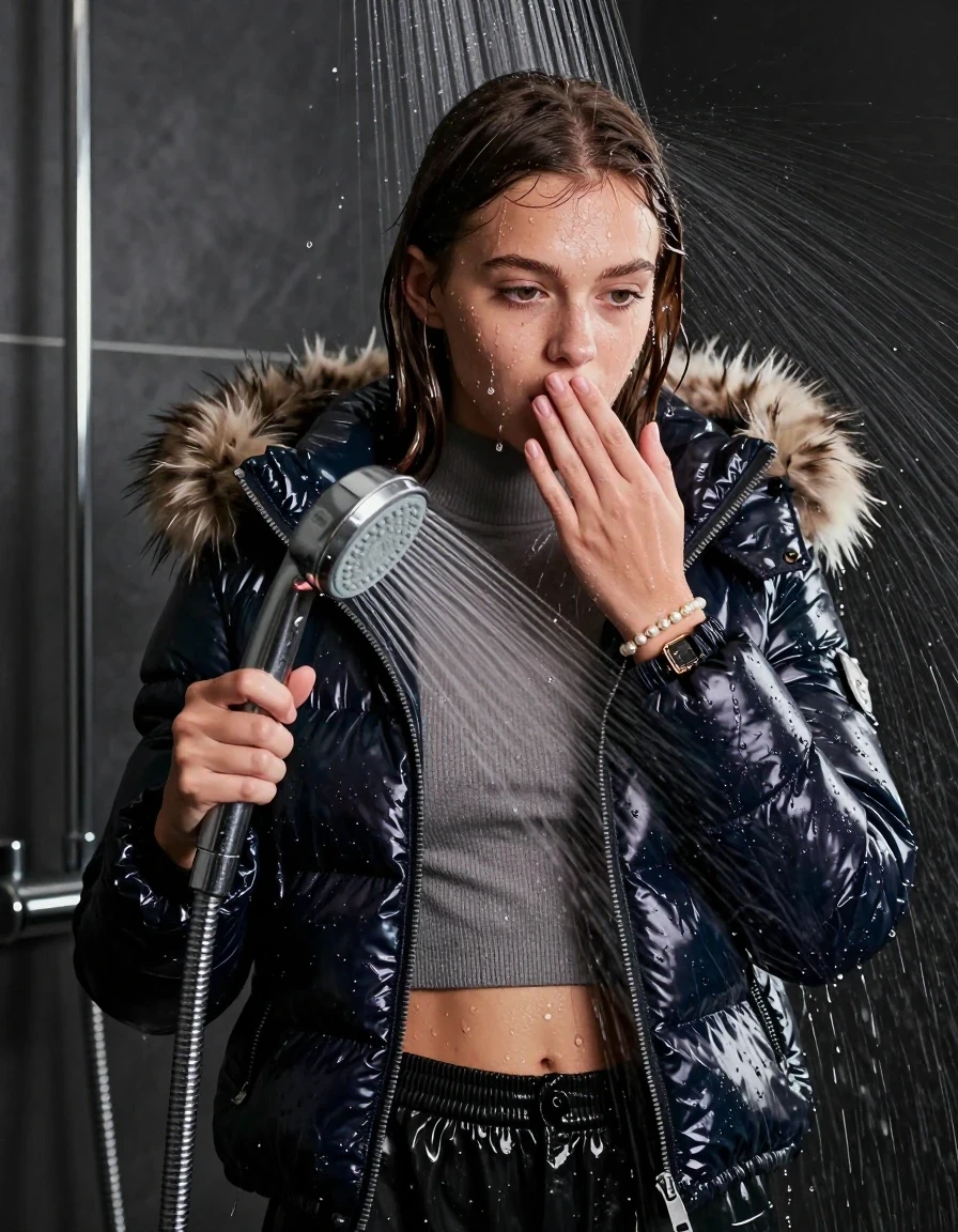 photo of young woman, in soaking wet, drenched clothes,
, , Moncler shiny puffer down jacket with fur, Open jacket, tight knit turtleneck sweater belly free, shoulderbag, pearl necklace, bracelet, wristwatch, shower, 
enjoying, wet clothes stuck to body,
detailed textures of the wet clothes, wet face, wet plastered hair,
wet, drenched, professional, high-quality details, full body view.
sharp focus, ultra-high pixel detail, realistic, high-quality, full colors, incredibly detailed, 4k, 8k, 16k, hyper-realistic, RAW photo, masterpiece, ultra-detailed, professionally color graded, professional photograph, A high-quality vertical fashion photograph of a teenage girl standing directly under a heavy, powerful stream of water in a modern shower. She has Sleek  straight shoulder-length, completely saturated and dripping wet hair, with water cascading down her face and neck, with an astonished expression. She hold a hand over her mouth. She holds a second shower head with a strong jet of water against her body. The lighting is bright and cinematic, highlighting the glistening water droplets on her skin and the saturated texture of her  casual clothes. The composition is a clear, capturing the refreshing and powerful sensation of the water flow. The girl is positioned centrally, looking down at a mild three-quarter angle. The depicted girl has brunette hair with a collarbone bob. Show her face clearly toward the camera at a mild three-quarter angle, large enough for a natural portrait face reference.
her clothing is soaking wet and clinging tightly to her skin, showing heavy wet folds, darkened fabric texture, and deep water-saturated Patches, her clothes are heavy from the water, water runs from her body and her clothes in streams. A lot of water also runs out of her clothes. Her clothes are darkened by the water. 
hyper-realistic wetness, high-contrast water sheen, sharp focus, 16k resolution, professional photography, realistic water physics., wet skin, wet clothes, damp fabric, wet skin, wet clothes, damp fabric, wet skin, wet clothes, damp fabric, wet skin, wet clothes, damp fabric, wet skin, wet clothes, damp fabric