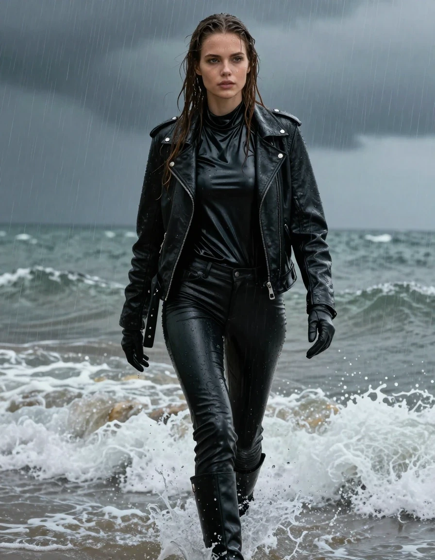 A stunning young adult European woman with long, dripping wet brown hair and glistening wet skin, walking through crashing ocean waves on a beach during a heavy rainstorm. She is wearing an oversized black vinyl polar neck shirt that clings to her frame, a black biker leather jacket, black leather jeans, black leather knee-high boots, and leather gloves on both hands. All clothing is heavily drenched, featuring dark soaked textures, water sheen, and heavy folds. The vinyl shirt exhibits high-gloss specular reflections, while the leather garments appear saturated and dark with water runoff. The environment is dark and atmospheric with splashing waves and visible rain streaks. Photorealistic, 8k resolution, cinematic lighting, high-contrast wet textures, sharp focus on the subject, dramatic motion, fully clothed, no nudity.