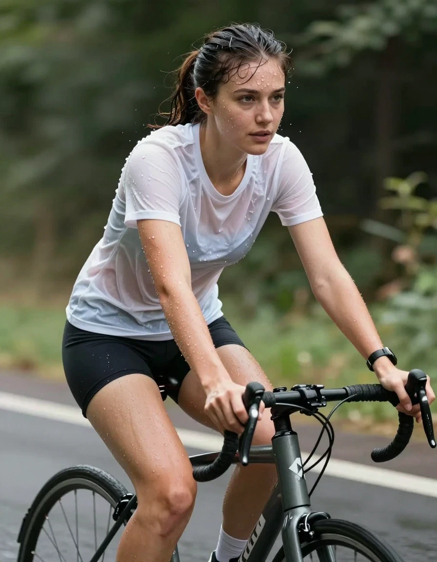 photo of young woman, in soaking wet, drenched clothes,
shorts, white t shirt, , 
enjoying, wet clothes stuck to body,
detailed textures of the wet clothes, wet face, wet plastered hair,
wet, drenched, professional, high-quality details, full body view.
sharp focus, ultra-high pixel detail, realistic, high-quality, full colors, incredibly detailed, 4k, 8k, 16k, hyper-realistic, RAW photo, masterpiece, ultra-detailed, professionally color graded, professional photograph, photo of young woman, in soaking wet, drenched clothes, running sneakers, white low socks, shorts, white t shirt,  enjoying, wet clothes stuck to body, detailed textures of the wet clothes, wet face, wet plastered hair, wet, drenched, professional, high-quality details, full body view. sharp focus, ultra-high pixel detail, realistic, high-quality, full colors, incredibly detailed, 4k, 8k, 16k, hyper-realistic, RAW photo, masterpiece, ultra-detailed, professionally color graded, professional photograph, riding bicycle, wet skin, wet clothes, damp fabric, wet skin, wet clothes, damp fabric