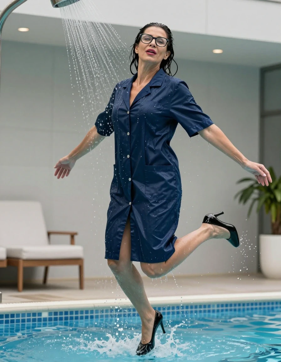 photo of young woman, in soaking wet, drenched clothes,
black high-heeled shoes, maxi dark blue labcoat, maxi dark blue labcoat with short sleeves, jumping in pool under shower after bath in indoor pool, enjoying wet clothes stuck body, enjoying, wet clothes stuck to body, 
enjoying, wet clothes stuck to body,
detailed textures of the wet clothes, wet face, wet plastered hair,
wet, drenched, professional, high-quality details, full body view.
sharp focus, ultra-high pixel detail, realistic, high-quality, full colors, incredibly detailed, 4k, 8k, 16k, hyper-realistic, RAW photo, masterpiece, ultra-detailed, professionally color graded, professional photograph, europen brunette skinny woman 50 years old, long dark black hair, office glasses, very big and thick lips, complete body, wet skin, wet clothes, damp fabric, wet skin, wet clothes, damp fabric, wet skin, wet clothes, damp fabric, wet skin, wet clothes, damp fabric, wet skin, wet clothes, damp fabric, wet skin, wet clothes, damp fabric, wet skin, wet clothes, damp fabric