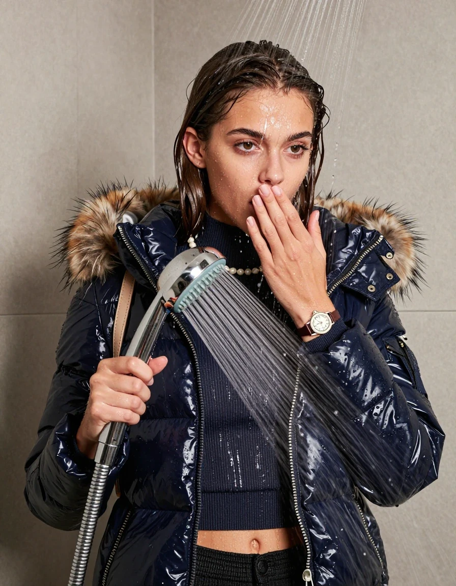 photo of young woman, in soaking wet, drenched clothes,
, , Moncler shiny puffer down jacket with fur, Open jacket, tight knit turtleneck sweater belly free, shoulderbag, pearl necklace, bracelet, wristwatch, shower, 
enjoying, wet clothes stuck to body,
detailed textures of the wet clothes, wet face, wet plastered hair,
wet, drenched, professional, high-quality details, full body view.
sharp focus, ultra-high pixel detail, realistic, high-quality, full colors, incredibly detailed, 4k, 8k, 16k, hyper-realistic, RAW photo, masterpiece, ultra-detailed, professionally color graded, professional photograph, A high-quality vertical fashion photograph of a teenage girl standing directly under a heavy, powerful stream of water in a modern shower. She has Sleek  straight shoulder-length, completely saturated and dripping wet hair, with water cascading down her face and neck, with an astonished expression. She hold a hand over her mouth. She holds a second shower head with a strong jet of water against her chest. The lighting is bright and cinematic, highlighting the glistening water droplets on her skin and the saturated texture of her  casual clothes. The composition is a clear, capturing the refreshing and powerful sensation of the water flow. The girl is positioned centrally, looking down at a mild three-quarter angle. The depicted girl has brunette hair with a collarbone bob. Show her face clearly toward the camera at a mild three-quarter angle, large enough for a natural portrait face reference.
her clothing is soaking wet and clinging tightly to her skin, showing heavy wet folds, darkened fabric texture, and deep water-saturated Patches, her clothes are heavy from the water, water runs from her body and her clothes in streams. A lot of water also runs out of her clothes. Her clothes are darkened by the water. 
hyper-realistic wetness, high-contrast water sheen, sharp focus, 16k resolution, professional photography, realistic water physics., wet skin, wet clothes, damp fabric, wet skin, wet clothes, damp fabric, wet skin, wet clothes, damp fabric, wet skin, wet clothes, damp fabric, wet skin, wet clothes, damp fabric