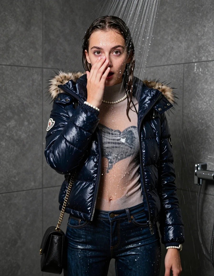 photo of young woman, in soaking wet, drenched clothes,
, Tight skinny jeans, Moncler shiny puffer down jacket with fur, Open jacket, tight knit turtleneck sweater belly free, shoulderbag, pearl necklace, bracelet, wristwatch, shower, 
enjoying, wet clothes stuck to body,
detailed textures of the wet clothes, wet face, wet plastered hair,
wet, drenched, professional, high-quality details, full body view.
sharp focus, ultra-high pixel detail, realistic, high-quality, full colors, incredibly detailed, 4k, 8k, 16k, hyper-realistic, RAW photo, masterpiece, ultra-detailed, professionally color graded, professional photograph, Pigtails

15 years old  teenage girl

One hand in front of her nose. Looking at camera. horny eyes. afraid and astonished. open mouth, big eyes.

A high-quality vertical fashion photograph of a 15-year-old teenage girl standing directly under a heavy, powerful stream of water in a modern shower. She has Sleek shoulder-length, completely saturated and dripping wet hair, with water cascading down her face and neck, creating an intense and exhilarated expression. The lighting is bright and cinematic, highlighting the glistening water droplets on her skin and the saturated texture of her  casual clothes. The composition is a clear, frontal portrait, capturing the refreshing and powerful sensation of the water flow. The girl is positioned centrally, facing the camera at a mild three-quarter angle, with her face clearly visible. The depicted girl has shoulder-length hair. Show her face clearly toward the camera at a mild three-quarter angle, large enough for a natural portrait face reference.
her clothing is soaking wet and clinging tightly to her skin, showing heavy wet folds, darkened fabric texture, and deep water-saturated Patches, her clothes are heavy from the water, water runs from her body and her clothes in streams. A lot of water also runs out of her clothes. Her clothes are darkened by the water. 
hyper-realistic wetness, high-contrast water sheen, sharp focus, 16k resolution, professional photography, realistic water physics., wet skin, wet clothes, damp fabric, wet skin, wet clothes, damp fabric