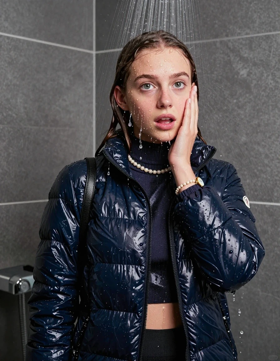 photo of young woman, in soaking wet, drenched clothes,
, , Moncler shiny puffer down jacket, Open jacket, tight knit turtleneck sweater belly free, shoulderbag, pearl necklace, bracelet, wristwatch, shower, 
enjoying, wet clothes stuck to body,
detailed textures of the wet clothes, wet face, wet plastered hair,
wet, drenched, professional, high-quality details, full body view.
sharp focus, ultra-high pixel detail, realistic, high-quality, full colors, incredibly detailed, 4k, 8k, 16k, hyper-realistic, RAW photo, masterpiece, ultra-detailed, professionally color graded, professional photograph, Pigtails

15 years old  teenage girl

One hand on her face. Looking at camera. horny eyes. afraid and astonished. open mouth, big eyes.

A high-quality vertical fashion photograph of a 15-year-old teenage girl standing directly under a heavy, powerful stream of water in a modern shower. She has Sleek shoulder-length, completely saturated and dripping wet hair, with water cascading down her face and neck, creating an intense and exhilarated expression. The lighting is bright and cinematic, highlighting the glistening water droplets on her skin and the saturated texture of her gym clothes. The composition is a clear, frontal portrait, capturing the refreshing and powerful sensation of the water flow. The girl is positioned centrally, facing the camera at a mild three-quarter angle, with her face clearly visible. The depicted girl has shoulder-length dark auburn hair. Show her face clearly toward the camera at a mild three-quarter angle, large enough for a natural portrait face reference.
her clothing is soaking wet and clinging tightly to her skin, showing heavy wet folds, darkened fabric texture, and deep water-saturated Patches, her clothes are heavy from the water, water runs from her body and her clothes in streams. A lot of water also runs out of her clothes. Her clothes are darkened by the water. 
hyper-realistic wetness, high-contrast water sheen, sharp focus, 16k resolution, professional photography, realistic water physics., wet skin, wet clothes, damp fabric, wet skin, wet clothes, damp fabric