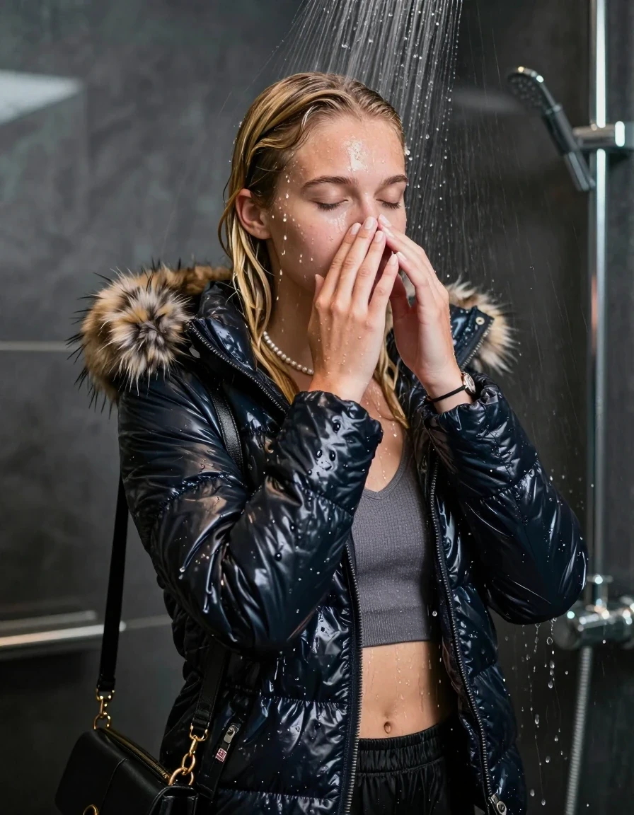 photo of young woman, in soaking wet, drenched clothes,
, , Moncler shiny puffer down jacket with fur, Open jacket, tight v-neck sweater belly free, shoulderbag, pearl necklace, bracelet, wristwatch, Modern mirrored shower, 
enjoying, wet clothes stuck to body,
detailed textures of the wet clothes, wet face, wet plastered hair,
wet, drenched, professional, high-quality details, full body view.
sharp focus, ultra-high pixel detail, realistic, high-quality, full colors, incredibly detailed, 4k, 8k, 16k, hyper-realistic, RAW photo, masterpiece, ultra-detailed, professionally color graded, professional photograph, A high-quality vertical fashion photograph of a 15-year-old teenage girl standing directly under a heavy, powerful stream of water in a modern shower. She has blonde Sleek  straight long hair with hairband, completely saturated and dripping wet hair, with water cascading down her face and neck, creating an astonished expression. She hold her hands on her nose. The lighting is bright and cinematic, highlighting the glistening water droplets on her skin and the saturated texture of her  casual clothes. The composition is a clear, frontal portrait, capturing the refreshing and powerful sensation of the water flow. The girl is positioned centrally, looking up at a mild three-quarter angle, with her face clearly visible.  Closed eyes. The depicted girl has shoulder-length hair. Show her face clearly toward the camera at a mild three-quarter angle, large enough for a natural portrait face reference.
her clothing is soaking wet and clinging tightly to her skin, showing heavy wet folds, darkened fabric texture, and deep water-saturated Patches, her clothes are heavy from the water, water runs from her body and her clothes in streams. A lot of water also runs out of her clothes. Her clothes are darkened by the water. 
hyper-realistic wetness, high-contrast water sheen, sharp focus, 16k resolution, professional photography, realistic water physics., wet skin, wet clothes, damp fabric, wet skin, wet clothes, damp fabric, wet skin, wet clothes, damp fabric