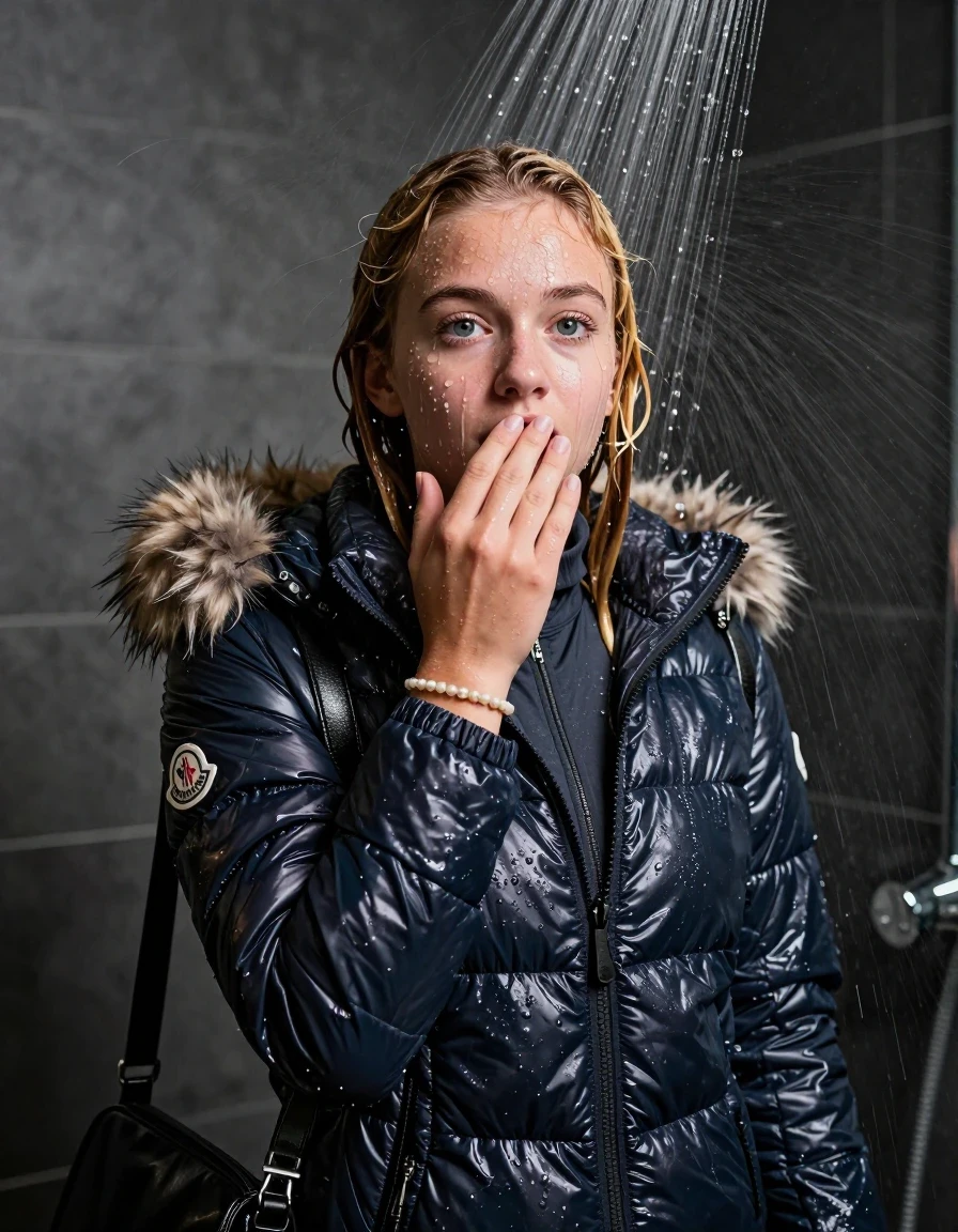 photo of young woman, in soaking wet, drenched clothes,
, , Moncler shiny puffer down jacket with fur, tight turtleneck sweater belly free, shoulderbag, pearl necklace, bracelet, wristwatch, shower, 
enjoying, wet clothes stuck to body,
detailed textures of the wet clothes, wet face, wet plastered hair,
wet, drenched, professional, high-quality details, full body view.
sharp focus, ultra-high pixel detail, realistic, high-quality, full colors, incredibly detailed, 4k, 8k, 16k, hyper-realistic, RAW photo, masterpiece, ultra-detailed, professionally color graded, professional photograph, Braided hair

15 years old  teenage girl

One hand on her mouth. Looking up at camera. horny eyes. afraid and astonished.

A high-quality vertical fashion photograph of a 15-year-old teenage girl standing directly under a heavy, powerful stream of water in a modern shower. She has shoulder-length, completely saturated and dripping wet blonde hair, with water cascading down her face and neck, creating an intense and exhilarated expression. The lighting is bright and cinematic, highlighting the glistening water droplets on her skin and the saturated texture of her gym clothes. The composition is a clear, frontal portrait, capturing the refreshing and powerful sensation of the water flow. The girl is positioned centrally, facing the camera at a mild three-quarter angle, with her face clearly visible. The depicted girl has shoulder-length dark auburn hair. Show her face clearly toward the camera at a mild three-quarter angle, large enough for a natural portrait face reference.
her clothing is soaking wet and clinging tightly to her skin, showing heavy wet folds, darkened fabric texture, and deep water-saturated Patches, her clothes are heavy from the water, water runs from her body and her clothes in streams. A lot of water also runs out of her clothes. Her clothes are darkened by the water. 
hyper-realistic wetness, high-contrast water sheen, sharp focus, 16k resolution, professional photography, realistic water physics., wet skin, wet clothes, damp fabric