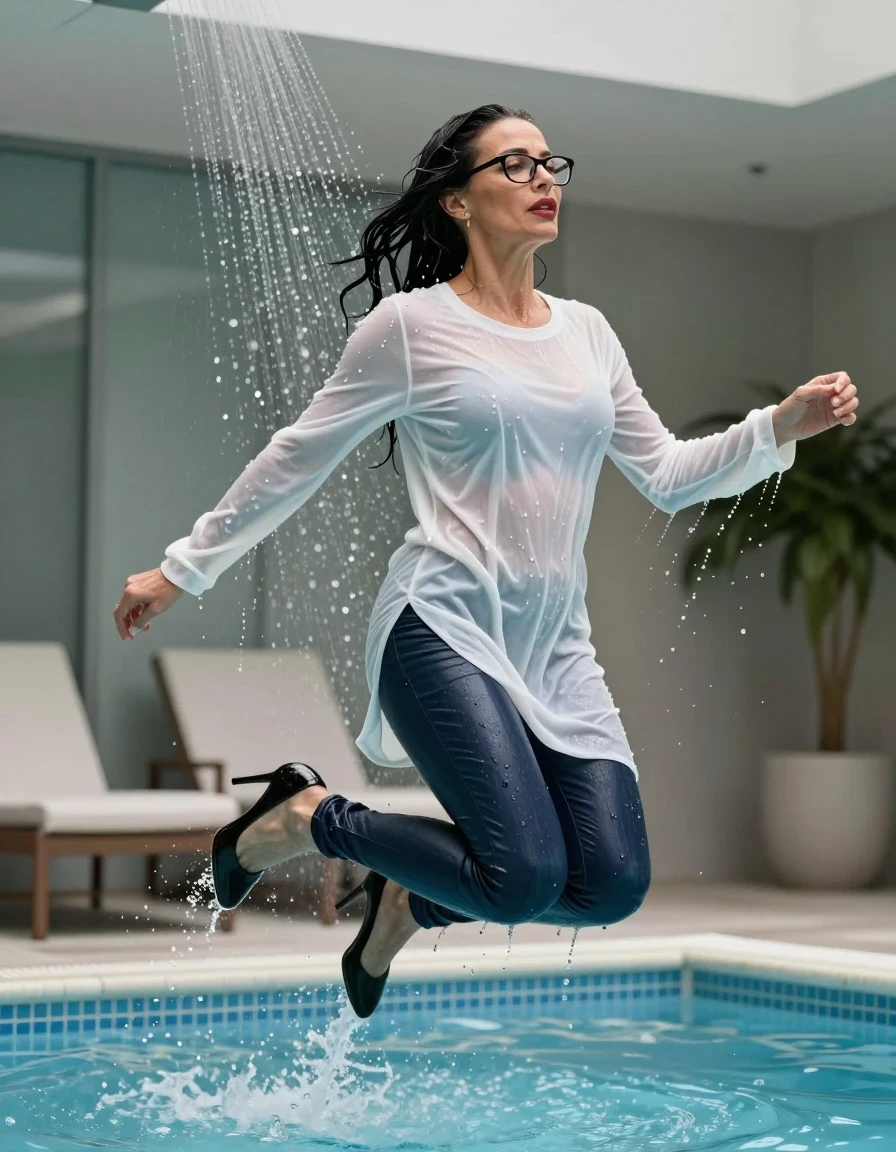 photo of young woman, in soaking wet, drenched clothes,
black high-heeled shoes, long dark blue leather jeans, long white sweater, jumping in pool under shower after bath in indoor pool, enjoying wet clothes stuck body, enjoying, wet clothes stuck to body, 
enjoying, wet clothes stuck to body,
detailed textures of the wet clothes, wet face, wet plastered hair,
wet, drenched, professional, high-quality details, full body view.
sharp focus, ultra-high pixel detail, realistic, high-quality, full colors, incredibly detailed, 4k, 8k, 16k, hyper-realistic, RAW photo, masterpiece, ultra-detailed, professionally color graded, professional photograph, europen brunette skinny woman 50 years old, long dark black hair, office glasses, very big and thick lips, complete body, wet skin, wet clothes, damp fabric, wet skin, wet clothes, damp fabric, wet skin, wet clothes, damp fabric, wet skin, wet clothes, damp fabric, wet skin, wet clothes, damp fabric, wet skin, wet clothes, damp fabric, wet skin, wet clothes, damp fabric