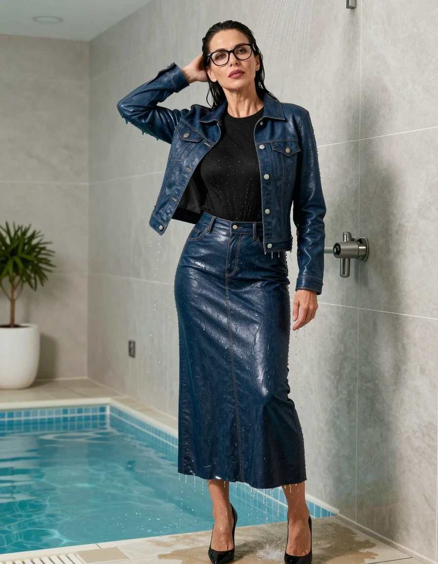 photo of young woman, in soaking wet, drenched clothes,
black high-heeled shoes, maxi dark blue leather denim skirt, black sweater,  maxi dark blue leather denim jacket, under shower after bath in indoor pool, enjoying wet clothes stuck body, enjoying, wet clothes stuck to body, 
enjoying, wet clothes stuck to body,
detailed textures of the wet clothes, wet face, wet plastered hair,
wet, drenched, professional, high-quality details, full body view.
sharp focus, ultra-high pixel detail, realistic, high-quality, full colors, incredibly detailed, 4k, 8k, 16k, hyper-realistic, RAW photo, masterpiece, ultra-detailed, professionally color graded, professional photograph, europen brunette skinny woman 50 years old, long dark black hair, office glasses, very big and thick lips, complete body, wet skin, wet clothes, damp fabric, wet skin, wet clothes, damp fabric, wet skin, wet clothes, damp fabric, wet skin, wet clothes, damp fabric, wet skin, wet clothes, damp fabric, wet skin, wet clothes, damp fabric, wet skin, wet clothes, damp fabric