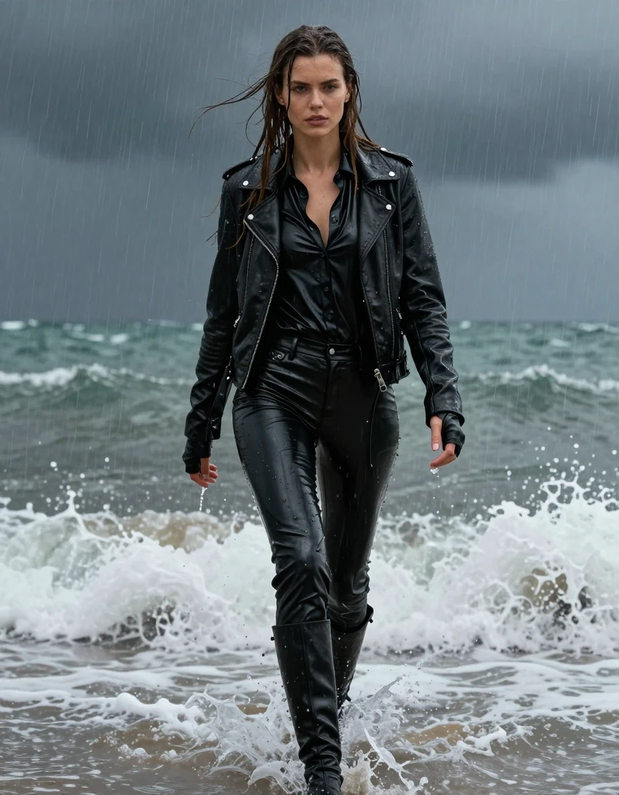 A stunning, photorealistic full-length shot of a young adult European woman with long, dripping wet brown hair, walking through the ocean waves at a beach during a heavy rainstorm. She is wearing an oversize black vinyl polar neck shirt, black vinyl pants, a black biker leather jacket, and black leather knee-high boots, with leather gloves on both hands. Her skin and clothing are thoroughly drenched, with the vinyl and leather textures displaying heavy water sheen, realistic cling, and deep, dark reflections from the wetness. The environment is dark and atmospheric, with waves actively splashing against her, creating a saturated, high-contrast scene. The lighting highlights the glossy, wet surfaces of her outfit and her glistening skin. High-fidelity photographic detail, sharp focus, cinematic composition, fully clothed, no nudity.