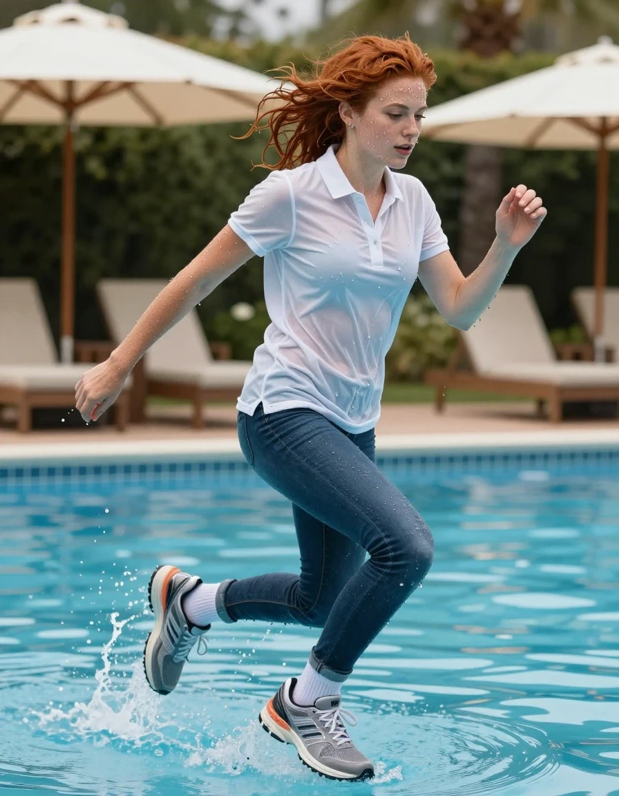 photo of young woman, in soaking wet, drenched clothes,
running new balance sneakers and white socks, jeans, polo shirt, pool, 
enjoying, wet clothes stuck to body,
detailed textures of the wet clothes, wet face, wet plastered hair,
wet, drenched, professional, high-quality details, full body view.
sharp focus, ultra-high pixel detail, realistic, high-quality, full colors, incredibly detailed, 4k, 8k, 16k, hyper-realistic, RAW photo, masterpiece, ultra-detailed, professionally color graded, professional photograph, jumping to water, red hair girl, wet skin, wet clothes, damp fabric