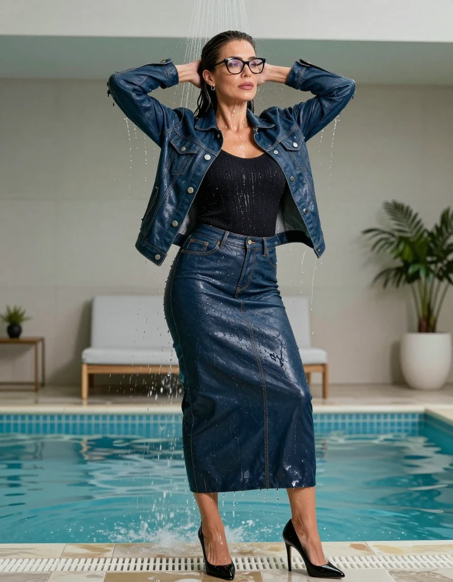 photo of young woman, in soaking wet, drenched clothes,
black high-heeled shoes, maxi dark blue leather denim skirt, black sweater,  maxi dark blue leather denim jacket, under shower after bath in indoor pool, enjoying wet clothes stuck body, enjoying, wet clothes stuck to body, 
enjoying, wet clothes stuck to body,
detailed textures of the wet clothes, wet face, wet plastered hair,
wet, drenched, professional, high-quality details, full body view.
sharp focus, ultra-high pixel detail, realistic, high-quality, full colors, incredibly detailed, 4k, 8k, 16k, hyper-realistic, RAW photo, masterpiece, ultra-detailed, professionally color graded, professional photograph, europen brunette skinny woman 50 years old, long dark black hair, office glasses, very big and thick lips, complete body, wet skin, wet clothes, damp fabric, wet skin, wet clothes, damp fabric, wet skin, wet clothes, damp fabric, wet skin, wet clothes, damp fabric, wet skin, wet clothes, damp fabric, wet skin, wet clothes, damp fabric, wet skin, wet clothes, damp fabric